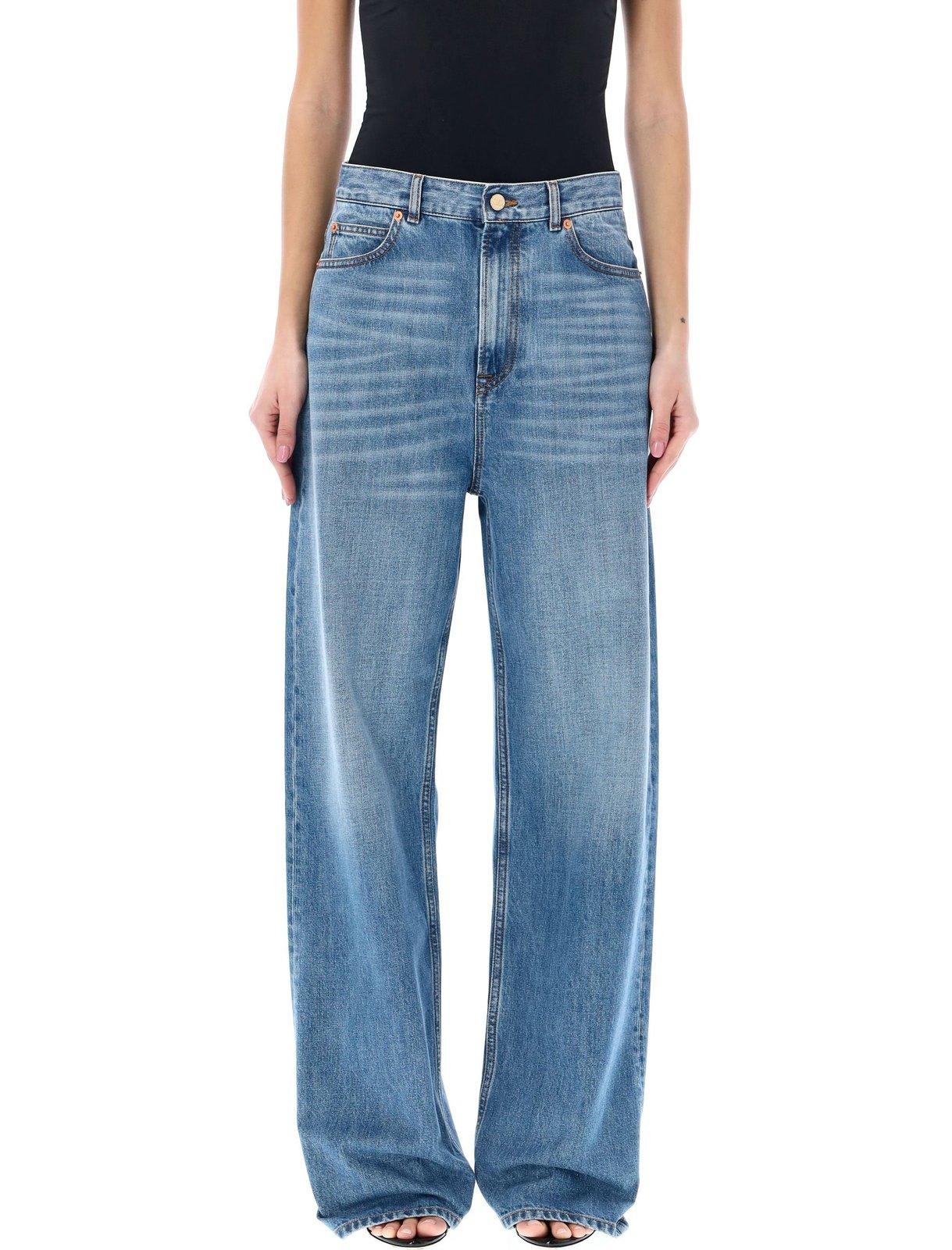 Valentino Logo Patch Wide Leg Jeans In Blue