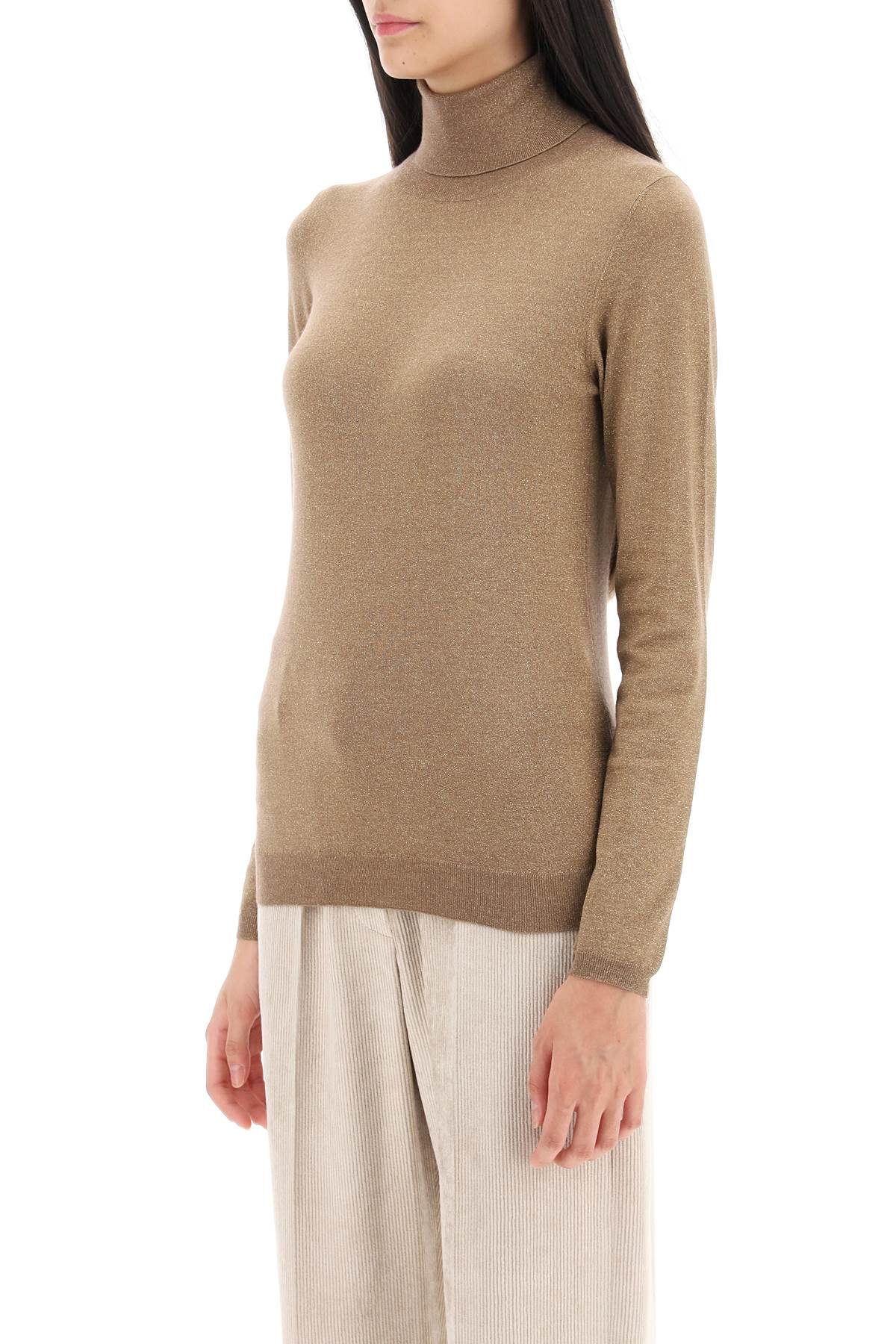 Shop Brunello Cucinelli Turtleneck Sweater In Cashmere And Silk Lurex Knit In Tabacco (beige)