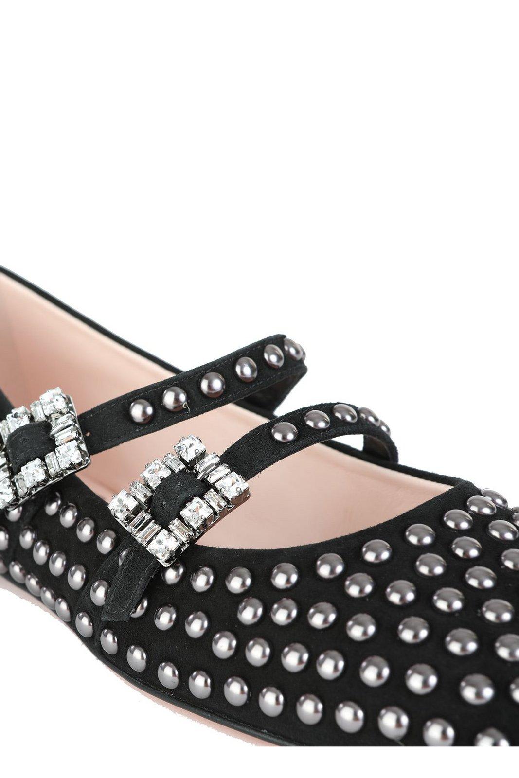 Roger Vivier Stud Embellished Buckle Strap Flat Shoes In Black