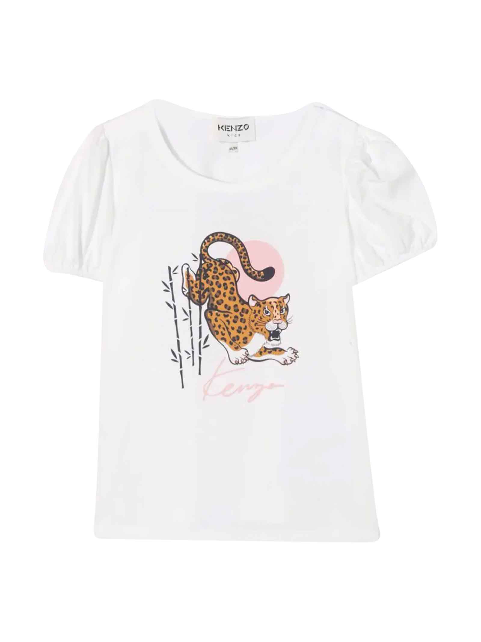Kenzo Kids White Baby Girl T-shirt With Logo Print On The Front, Round Neckline, Short Sleeves And Straight Hem By