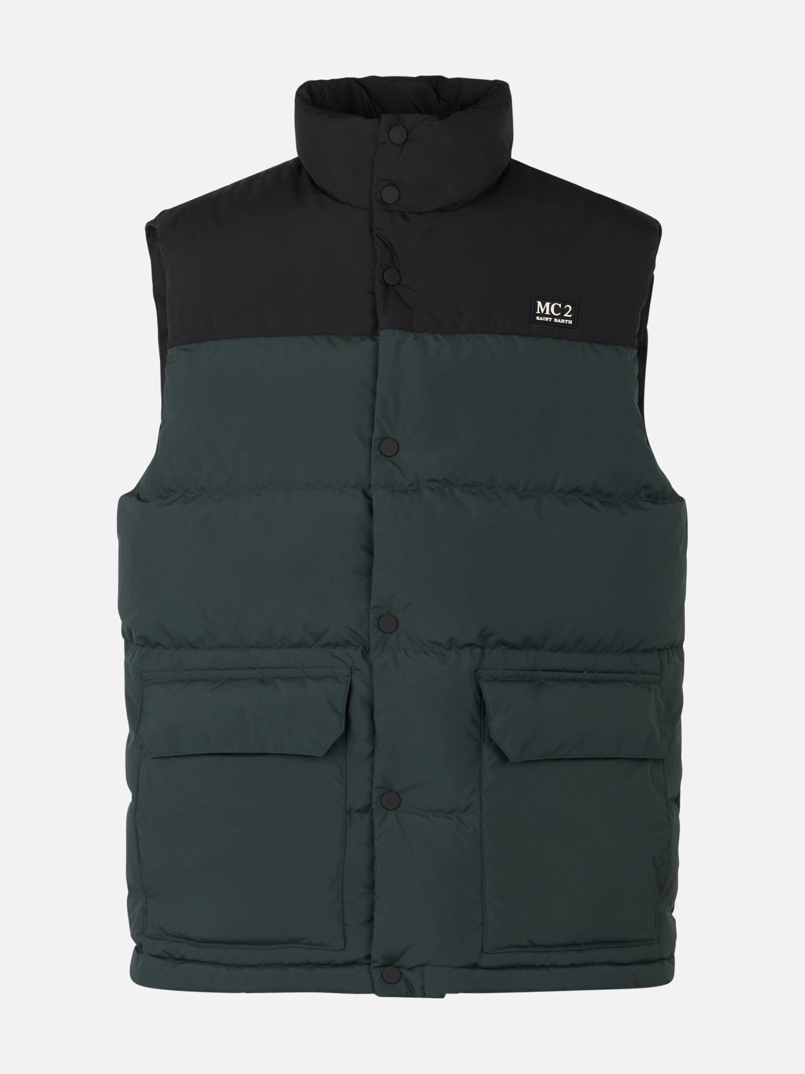 Mc2 Saint Barth Man Down Padded Green Vest With Pockets In Green