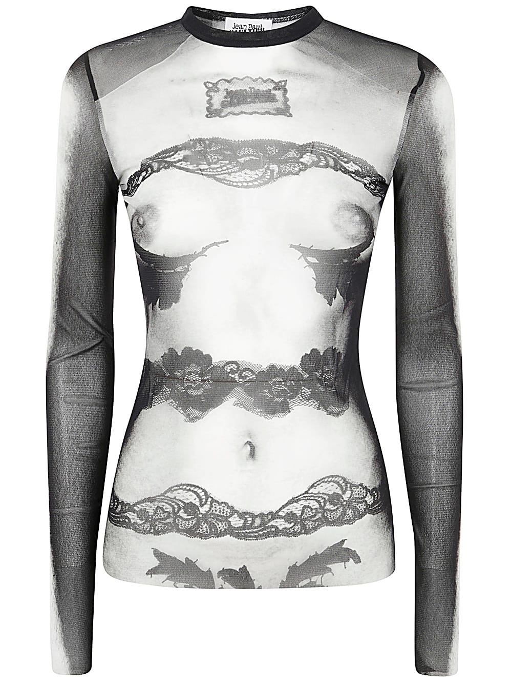 Shop Jean Paul Gaultier Mesh Long Sleeve Top Printed Body Lace Mariniere In Black Grey White