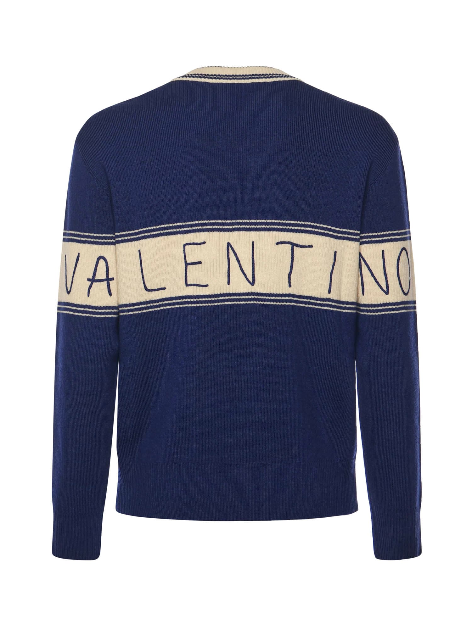 Valentino Embroidered Striped Virgin Wool And Cotton-blend Sweater In Blue
