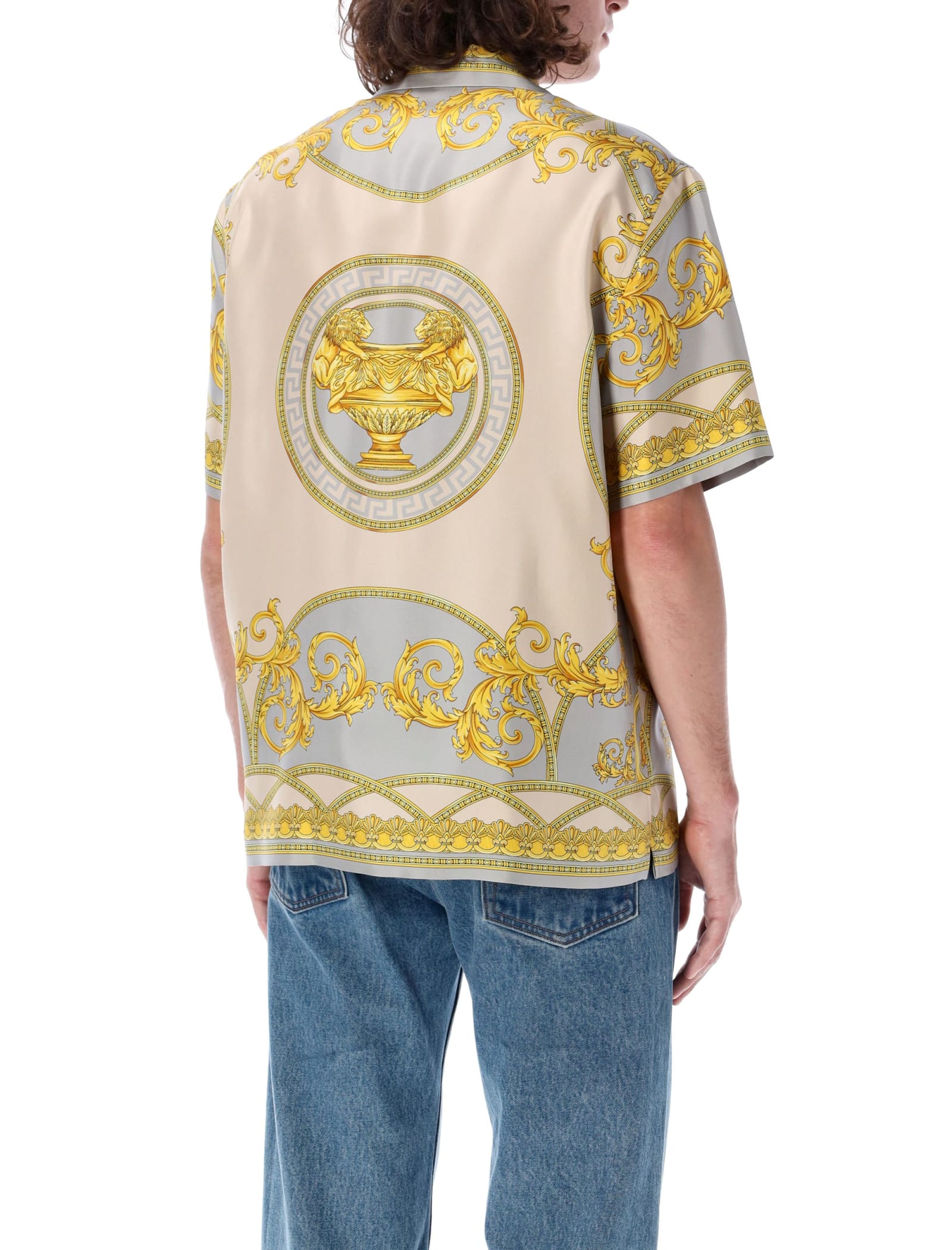 Shop Versace Baroque Coupe Des Dieux Bowling Shirt In Gold Bone