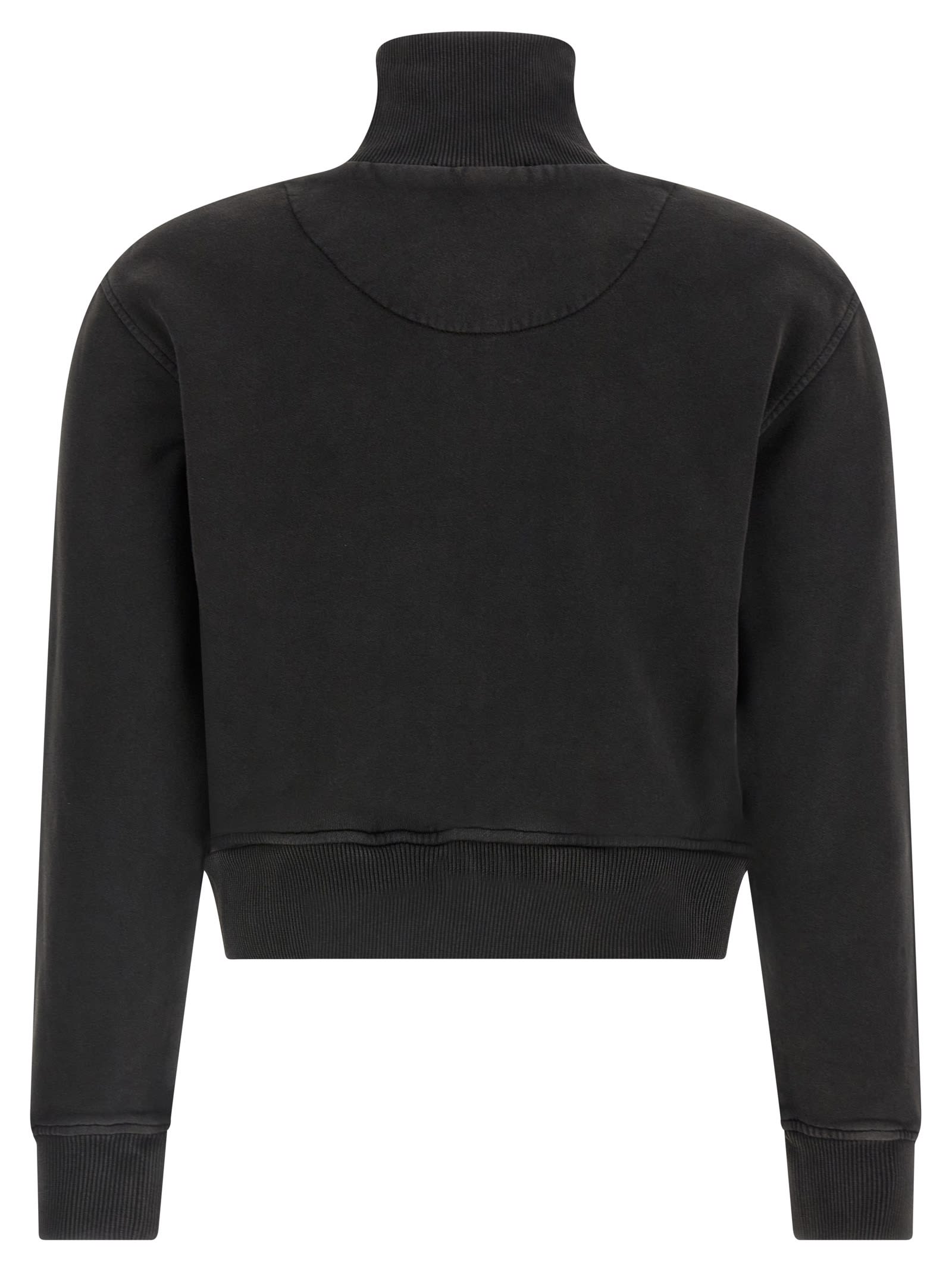 Attico Cropped Zip Fleece Ribbed Finish In Black