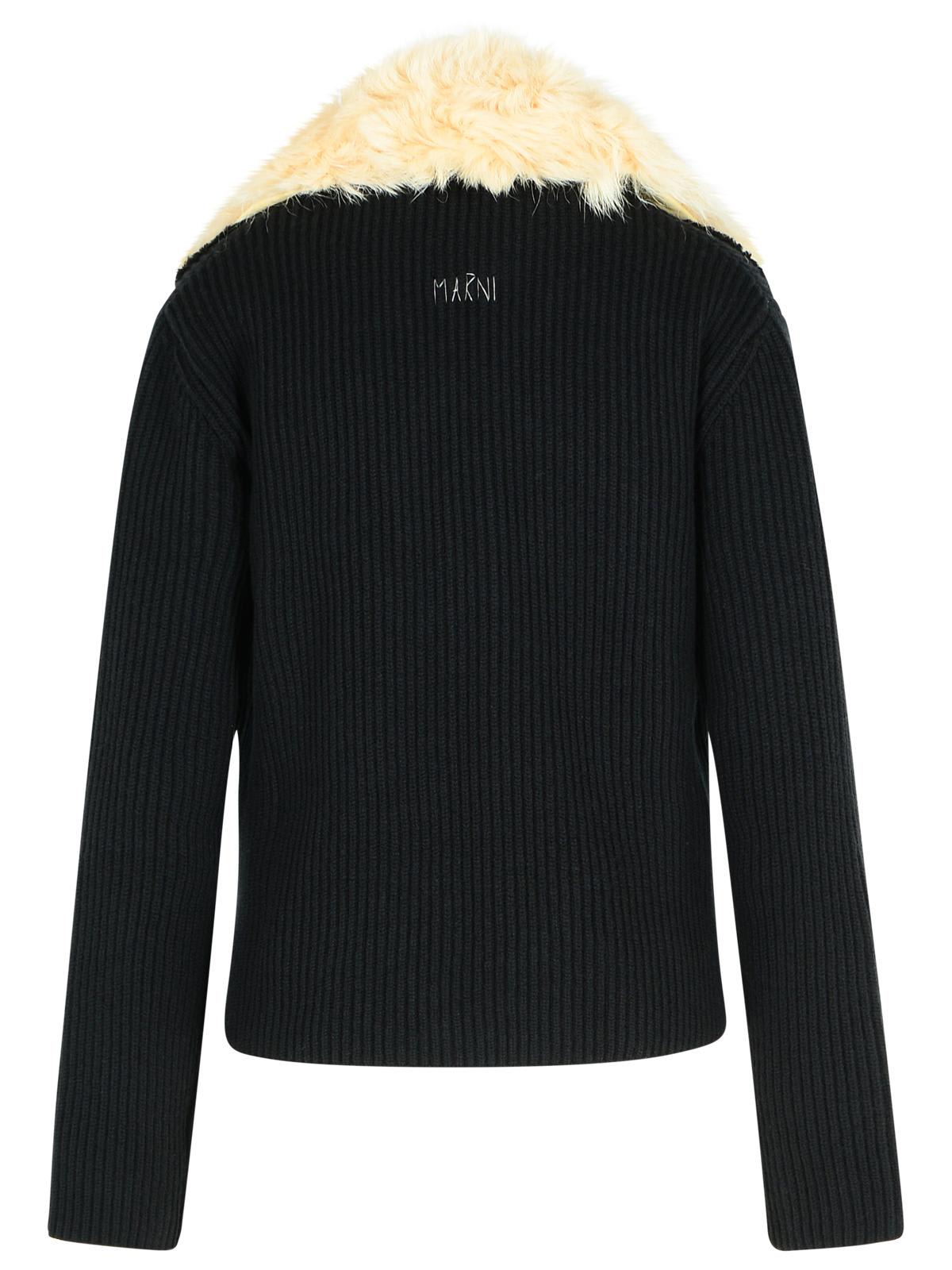 Marni Knitted Jacket With Faux Fur Collar In Black