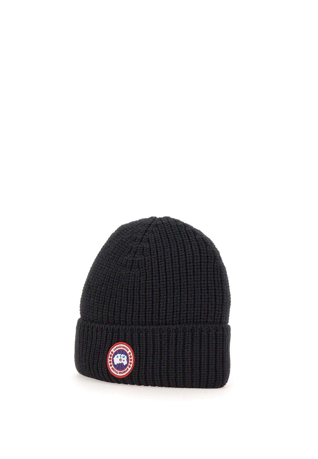 Shop Canada Goose Logo Patch Knitted Beanie In Black