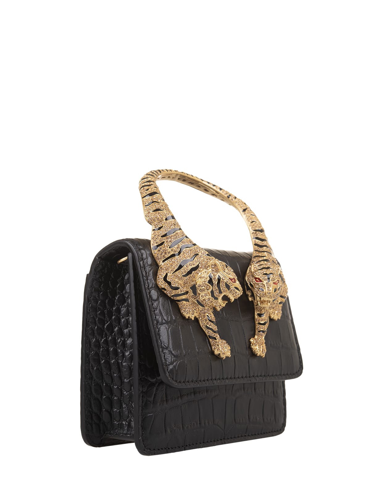 Shop Roberto Cavalli Black Small Roar Shoulder Bag With Jewelled Tigers In Black/gold