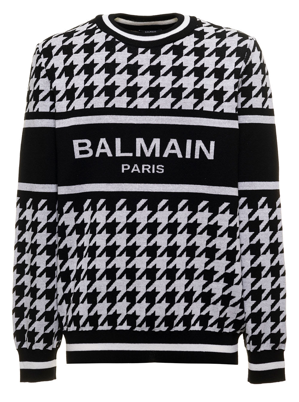Balmain Mans Wool And Linen Houndstooth Sweater With Logo
