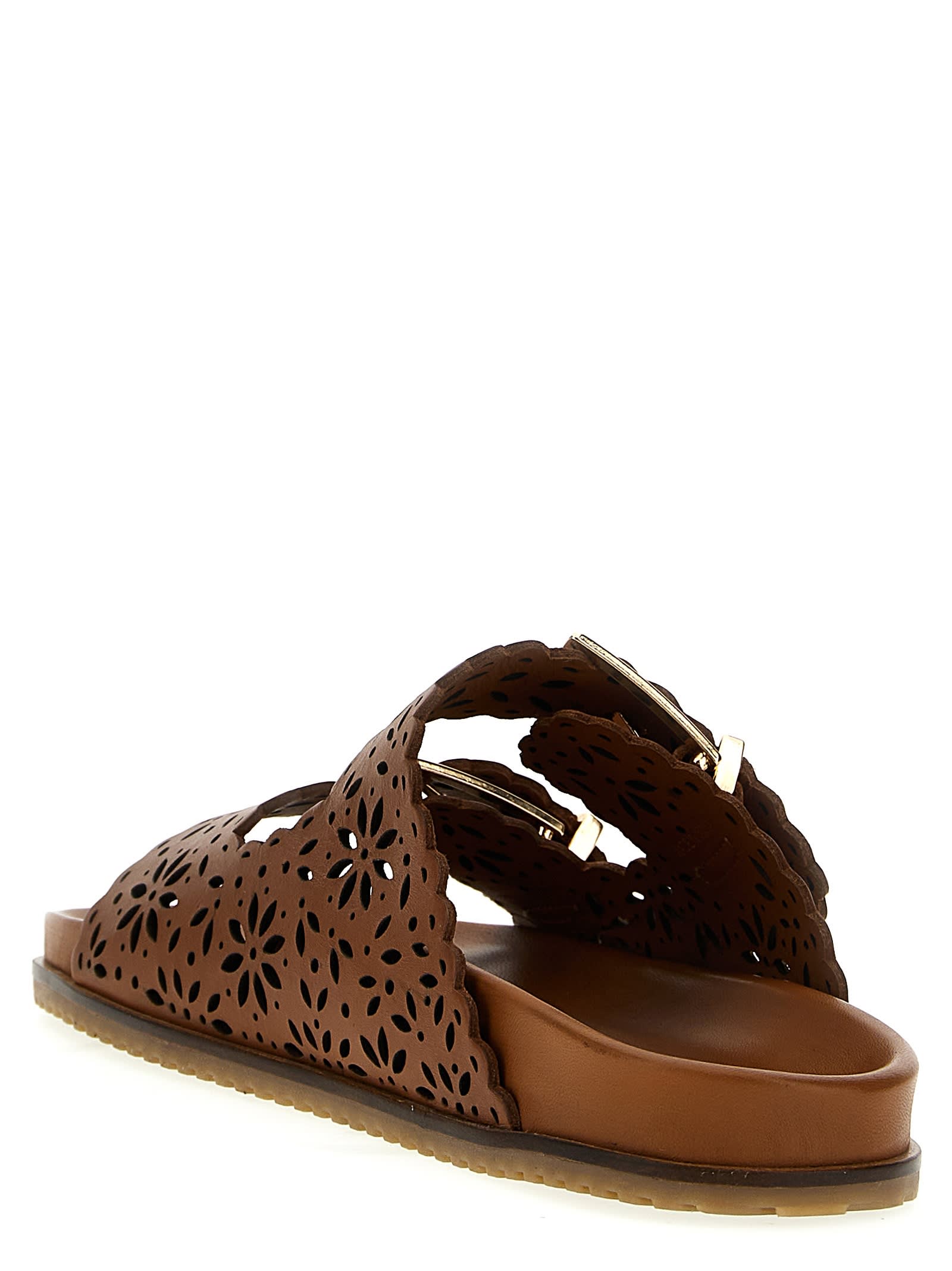 Shop Twinset Openwork Leather Sandals In Brown