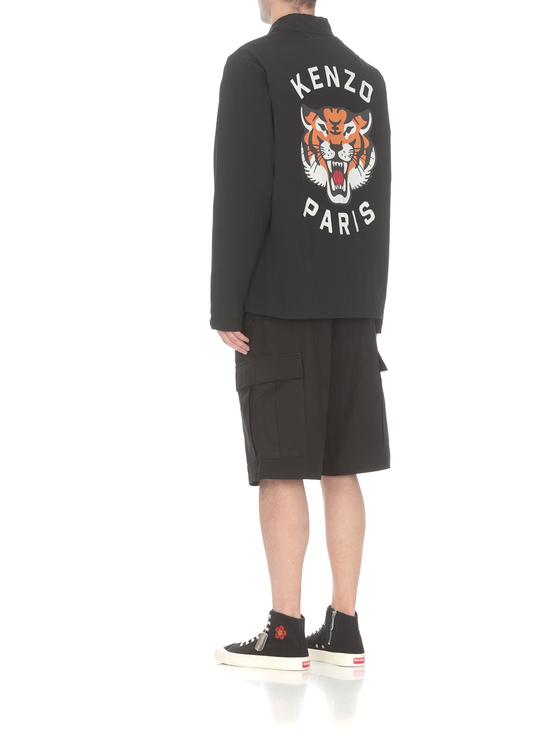 Kenzo Black Overshirt With Tiger Embroidery In Tech Fabric Man In Black