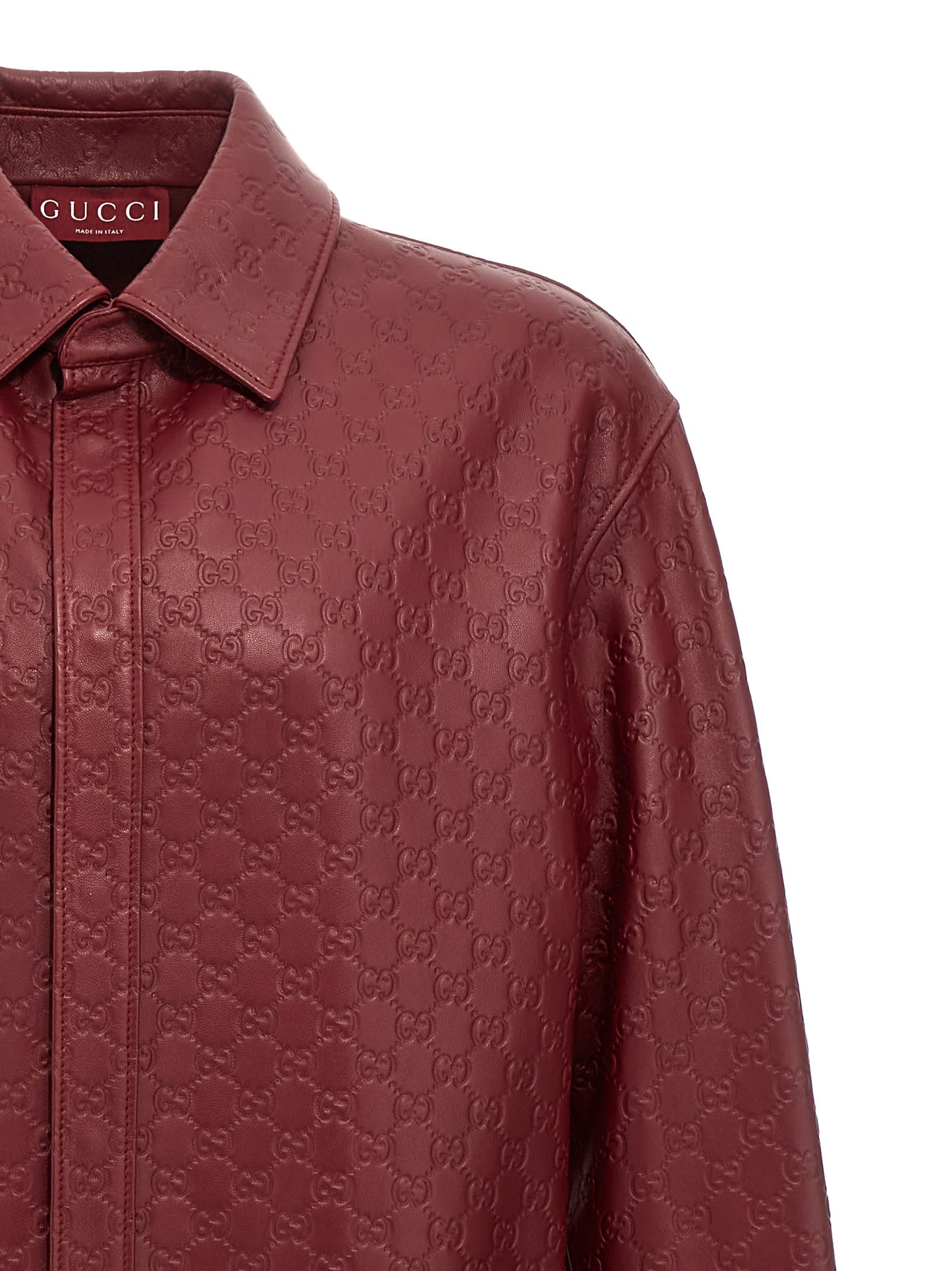 Shop Gucci Gg Leather Overshirt In Bordeaux