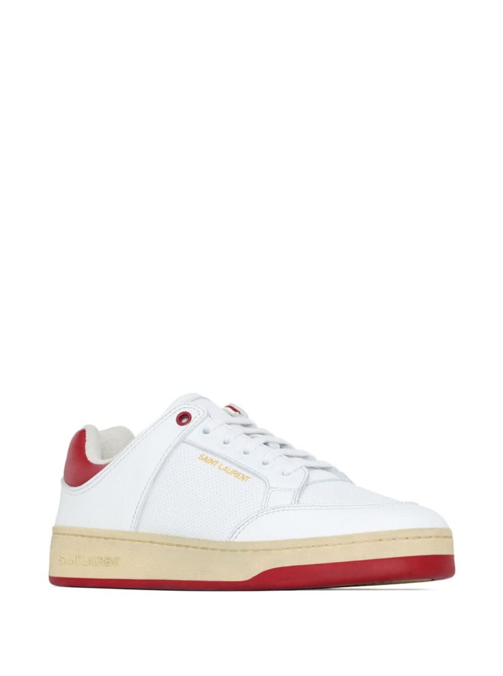 Shop Saint Laurent White And Red Low Top Sneakers With Logo Detail In Leather Man