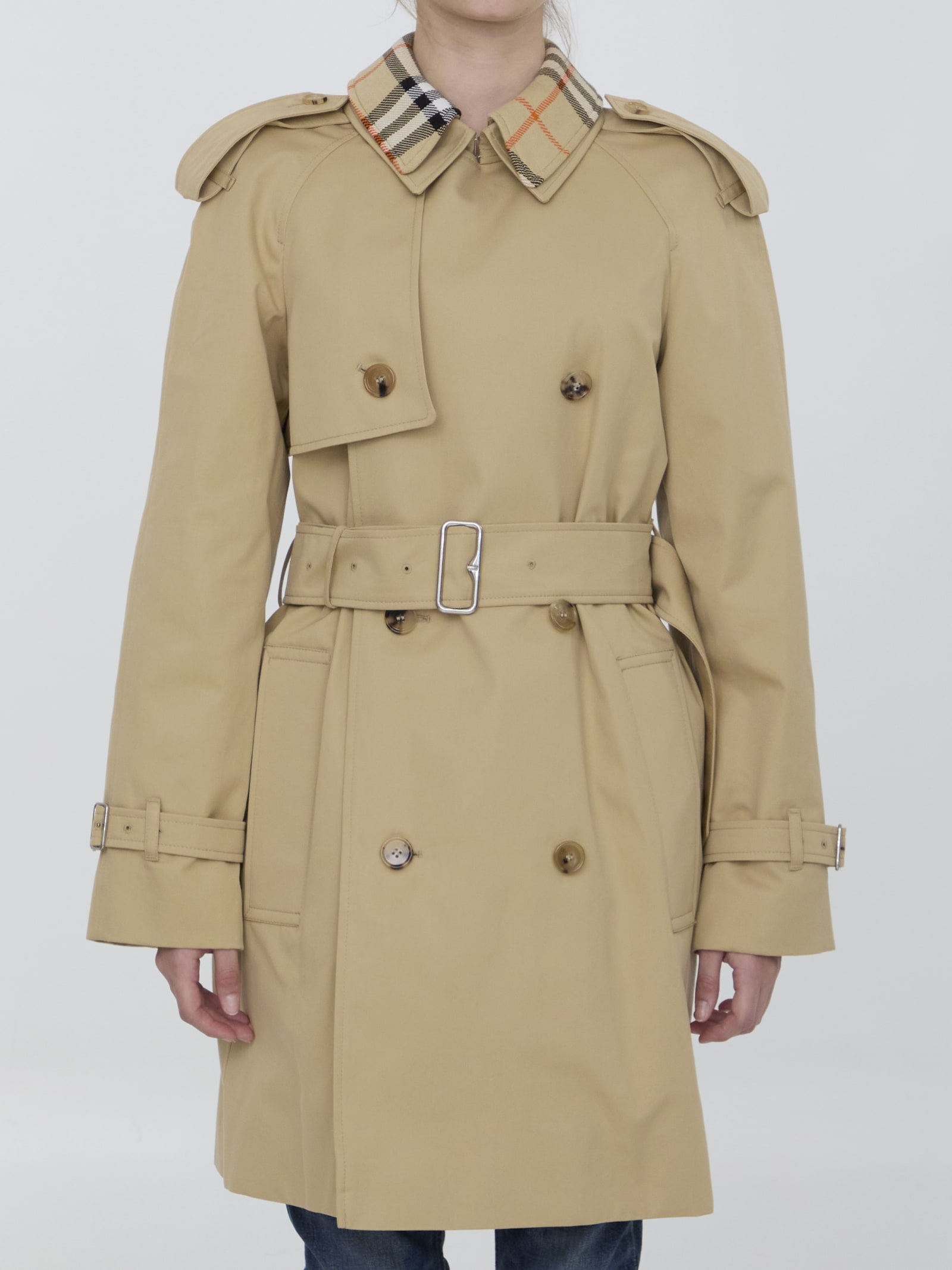 Shop Burberry Raincoat With Check Collar In Beige