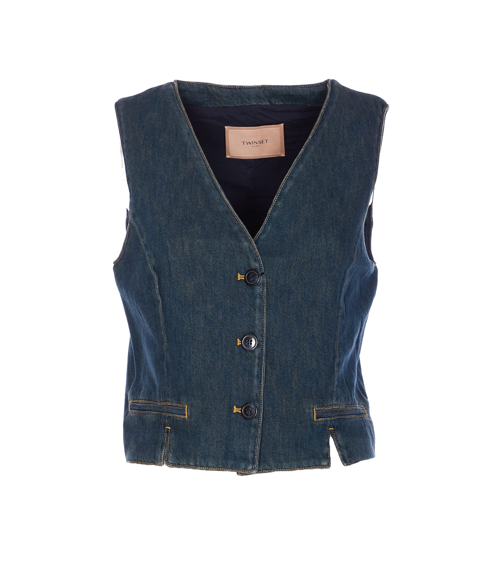 Twinset Denim Vest With Front Pockets And V-neckline In Blue