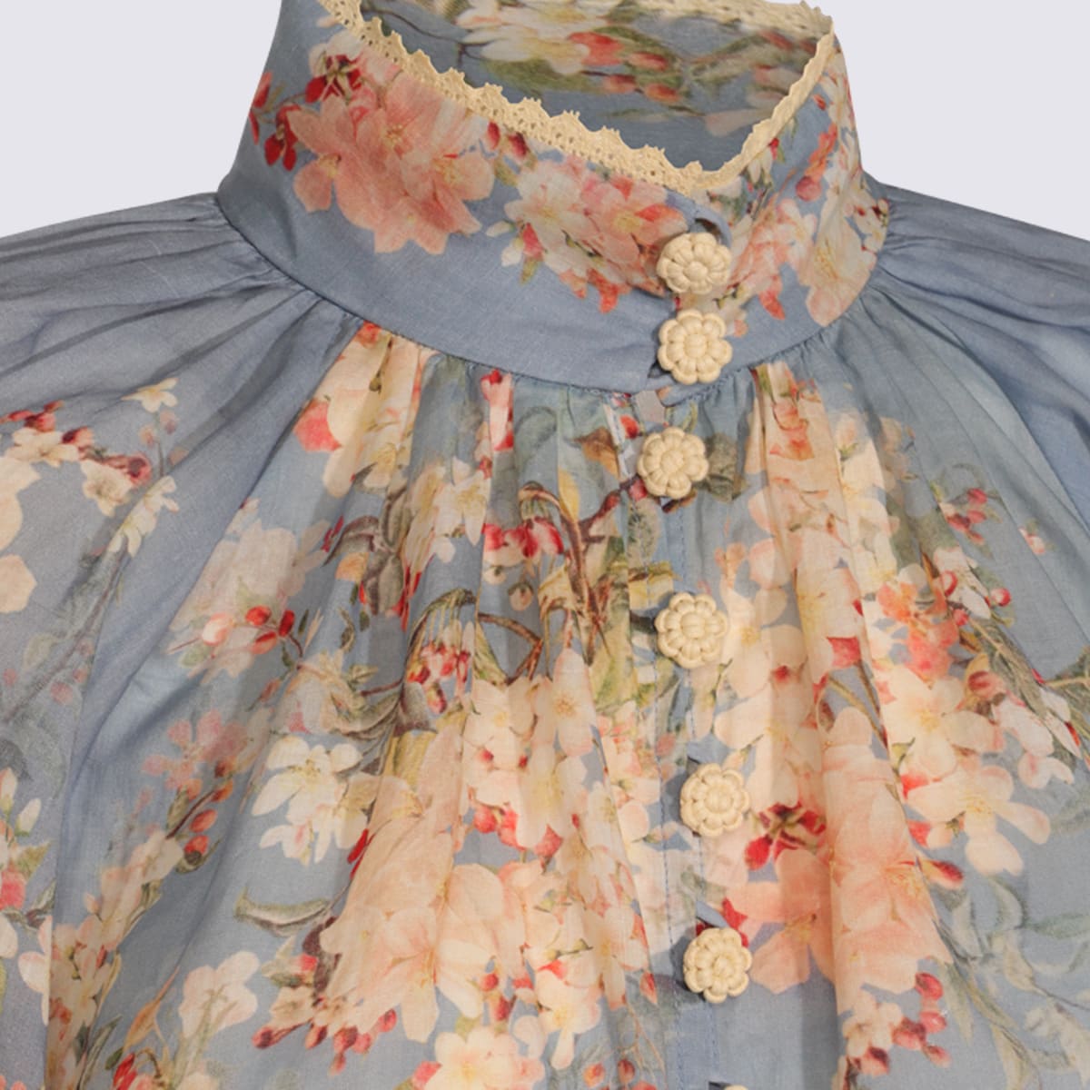 Zimmermann Cascadian Lace-trimmed Floral-print Ramie Blouse In Blue