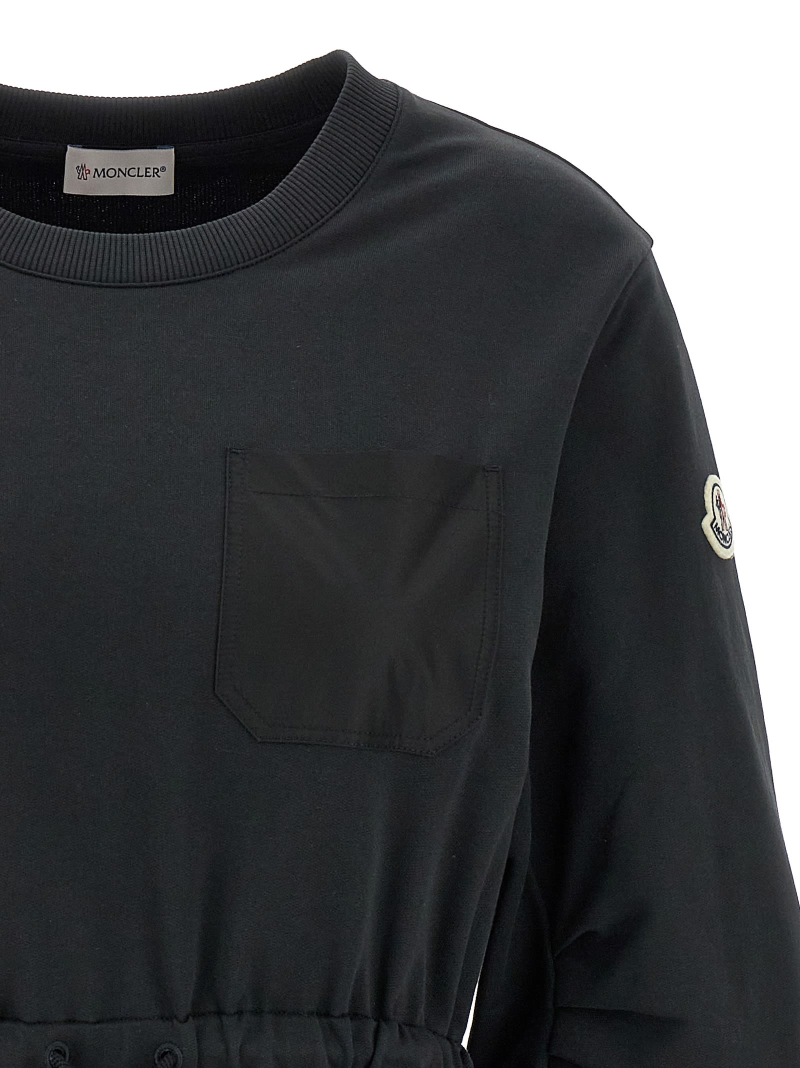 Moncler Black Dress With Elastic Waist And Logo Patch On The Sleeve In Tech Fabric Woman