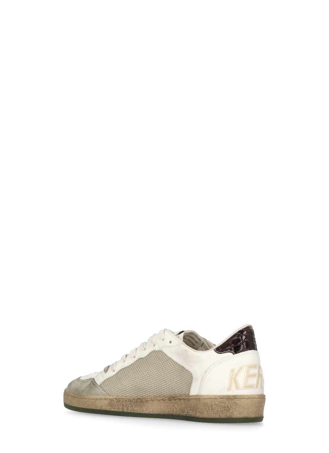 Golden Goose Ball Star Sneakers In Vintage Effect Leather With Olive Green Leather Star And Crocodile Effect Heel In White