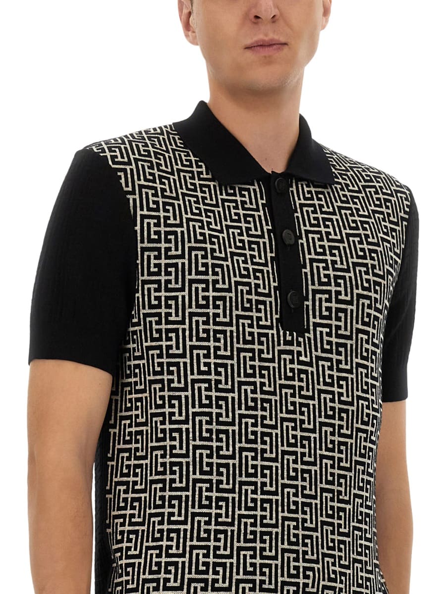 Balmain Monogram Pattern Polo With Classic Collar In Black