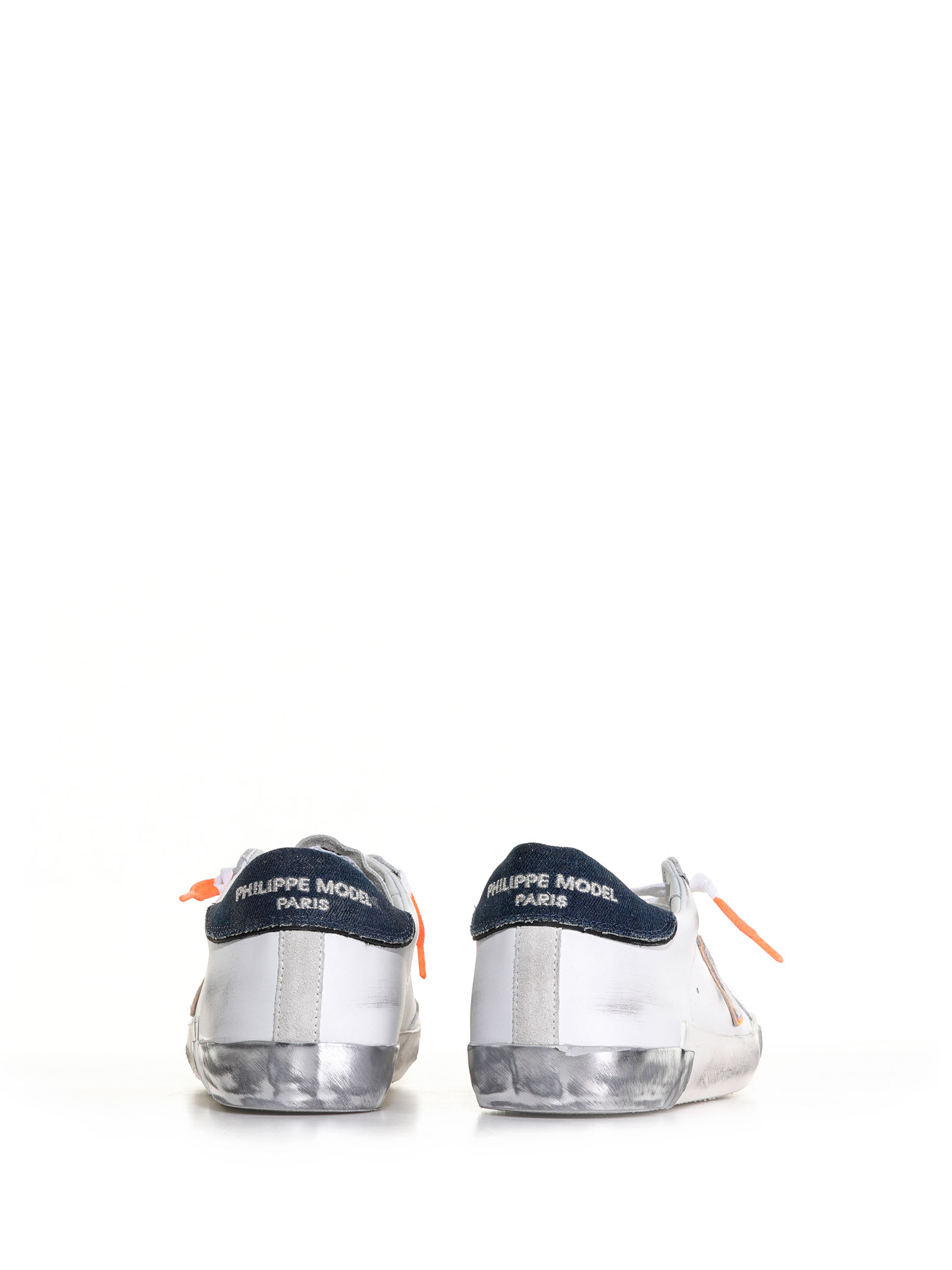 Shop Philippe Model Prsx Sneaker With Denim Heel In Bianco Denim Argento Arancio