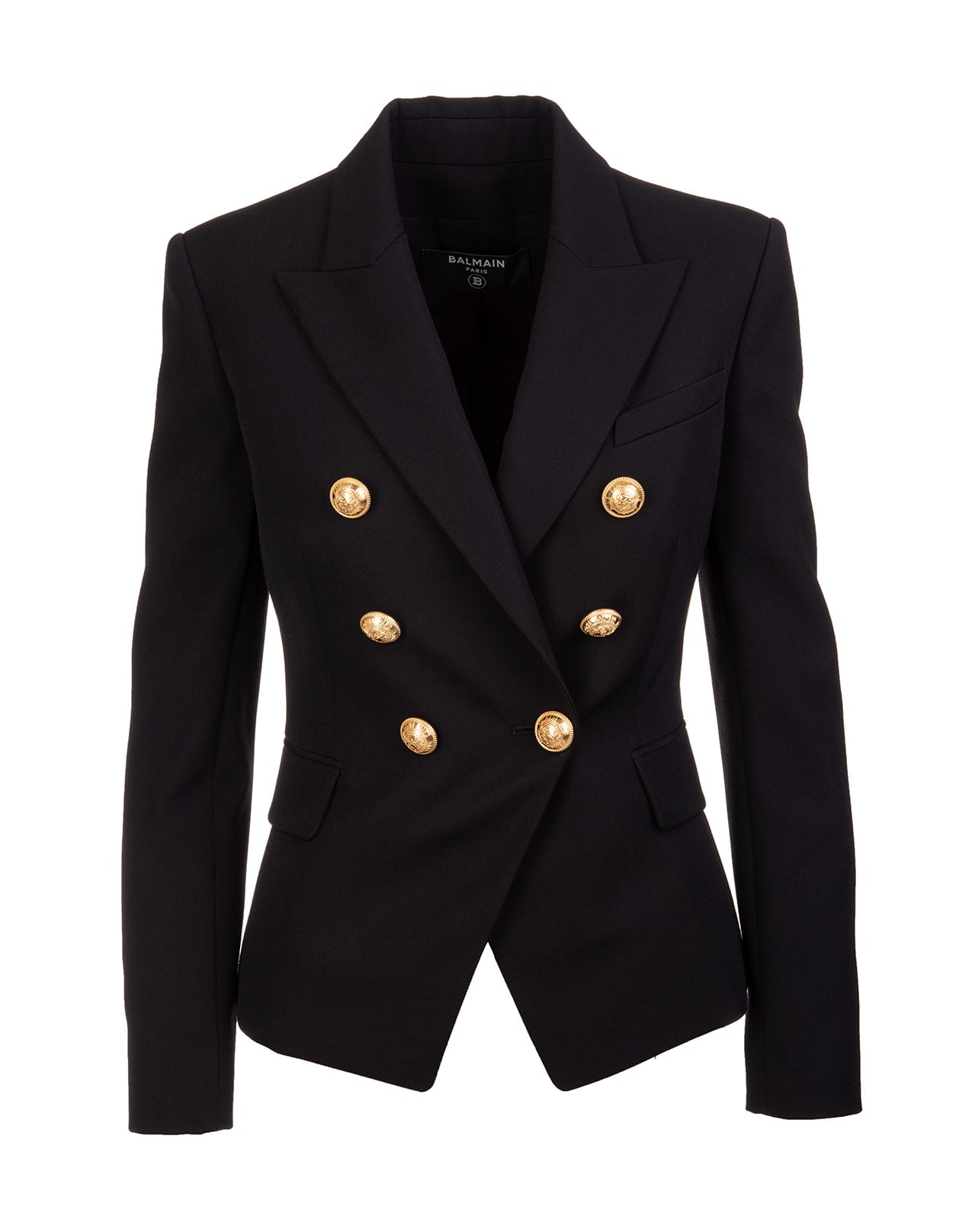 Balmain Woman Black And Gold Double-breasted Blazer In Wool