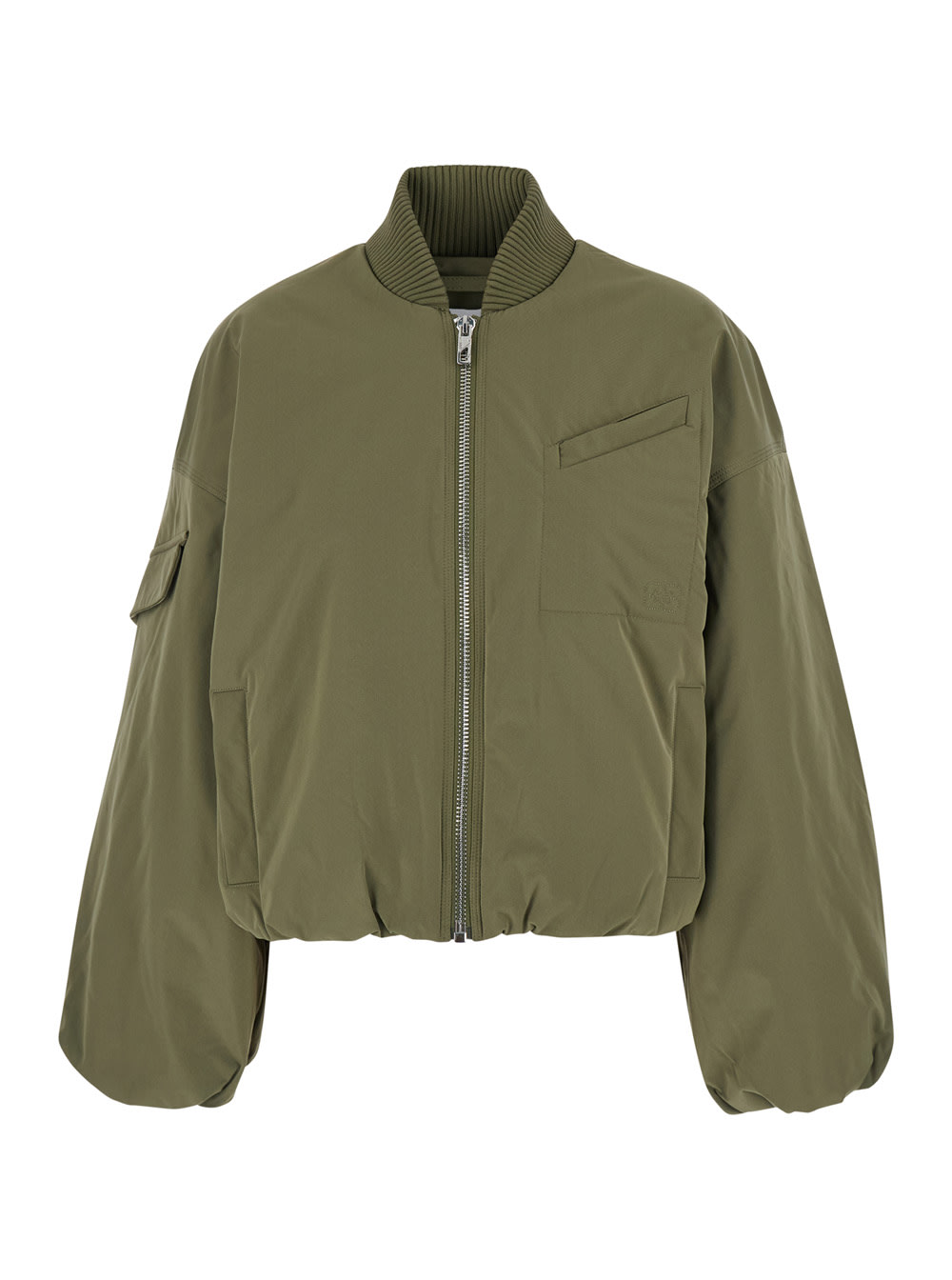 Shop Ganni Green Oversized Bomber Jacket In Twill Woman