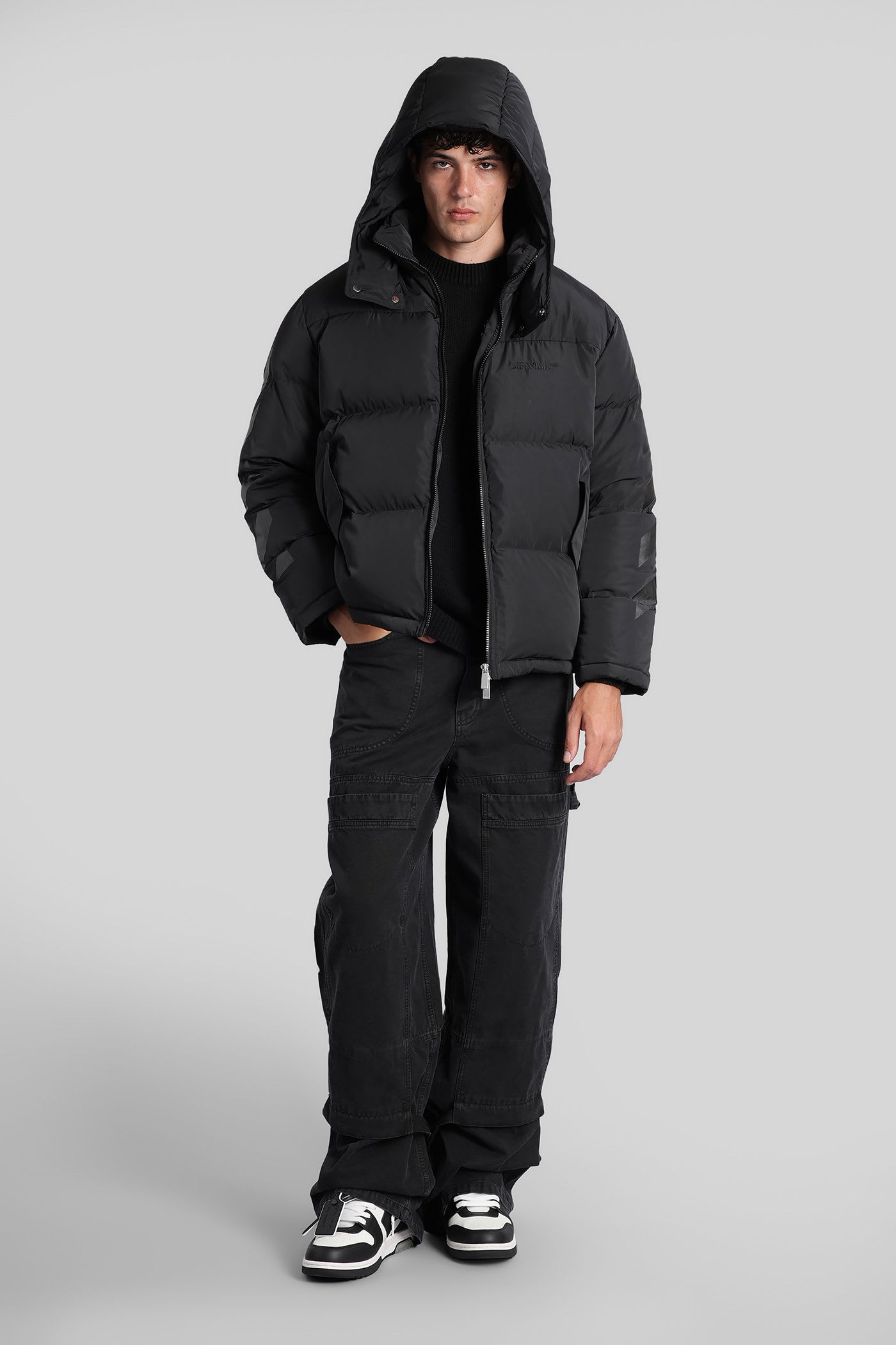 Off-white Hooded Padded Quilted Jacket Pockets In Black