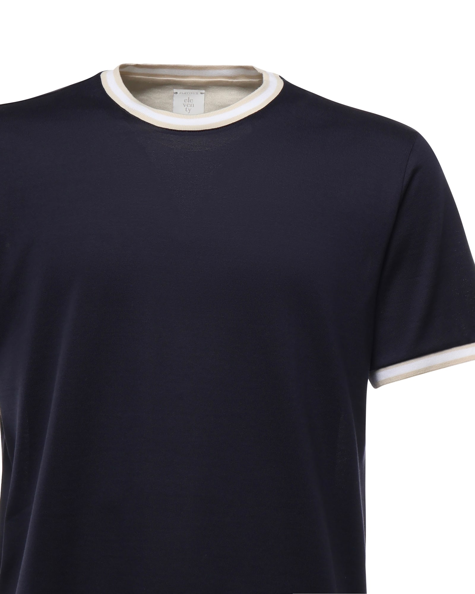 Eleventy Men Black Crewneck T-shirt With Layered Collar In Cotton Man In Blue