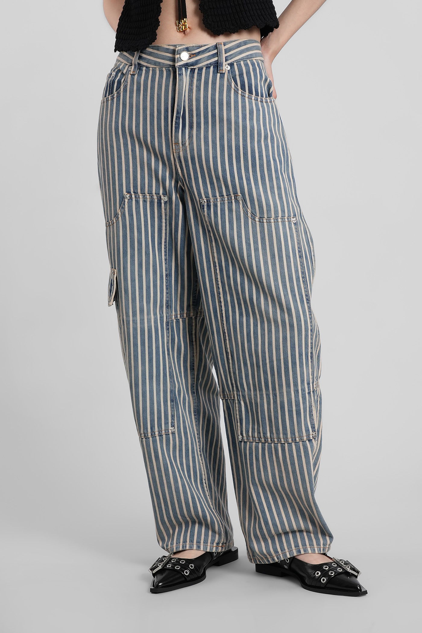 Ganni Light Stripe Denim Carpenter Jeans In Multi
