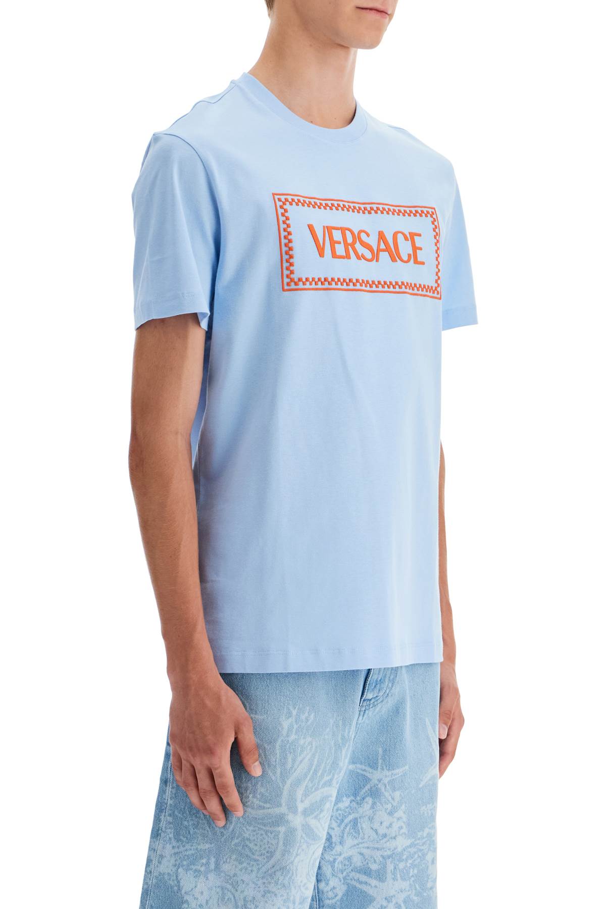 Shop Versace Embroidered Logo T-shirt In Blue Hydrangea (light Blue)