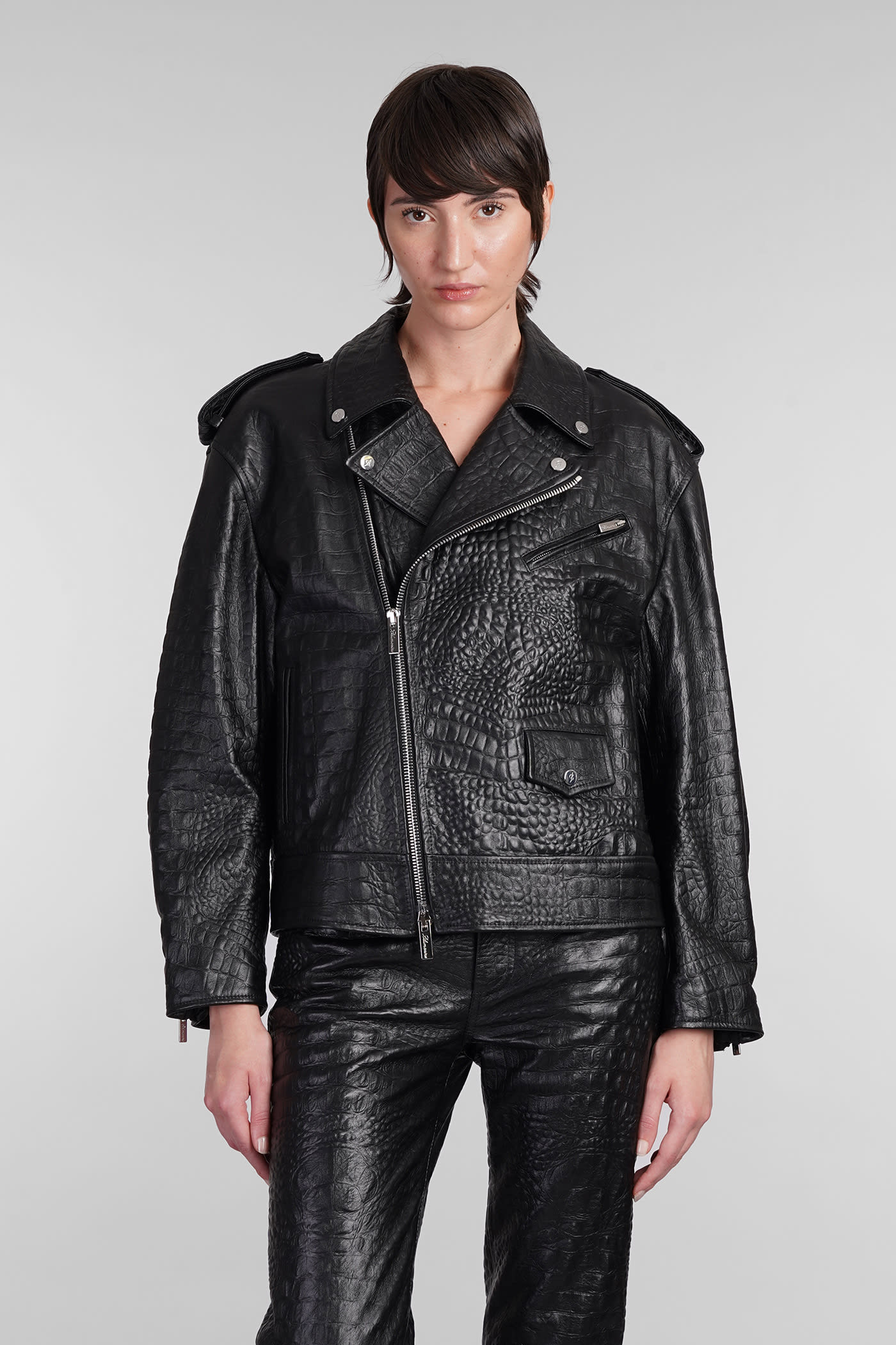 Shop Blumarine Biker Jacket In Black Leather