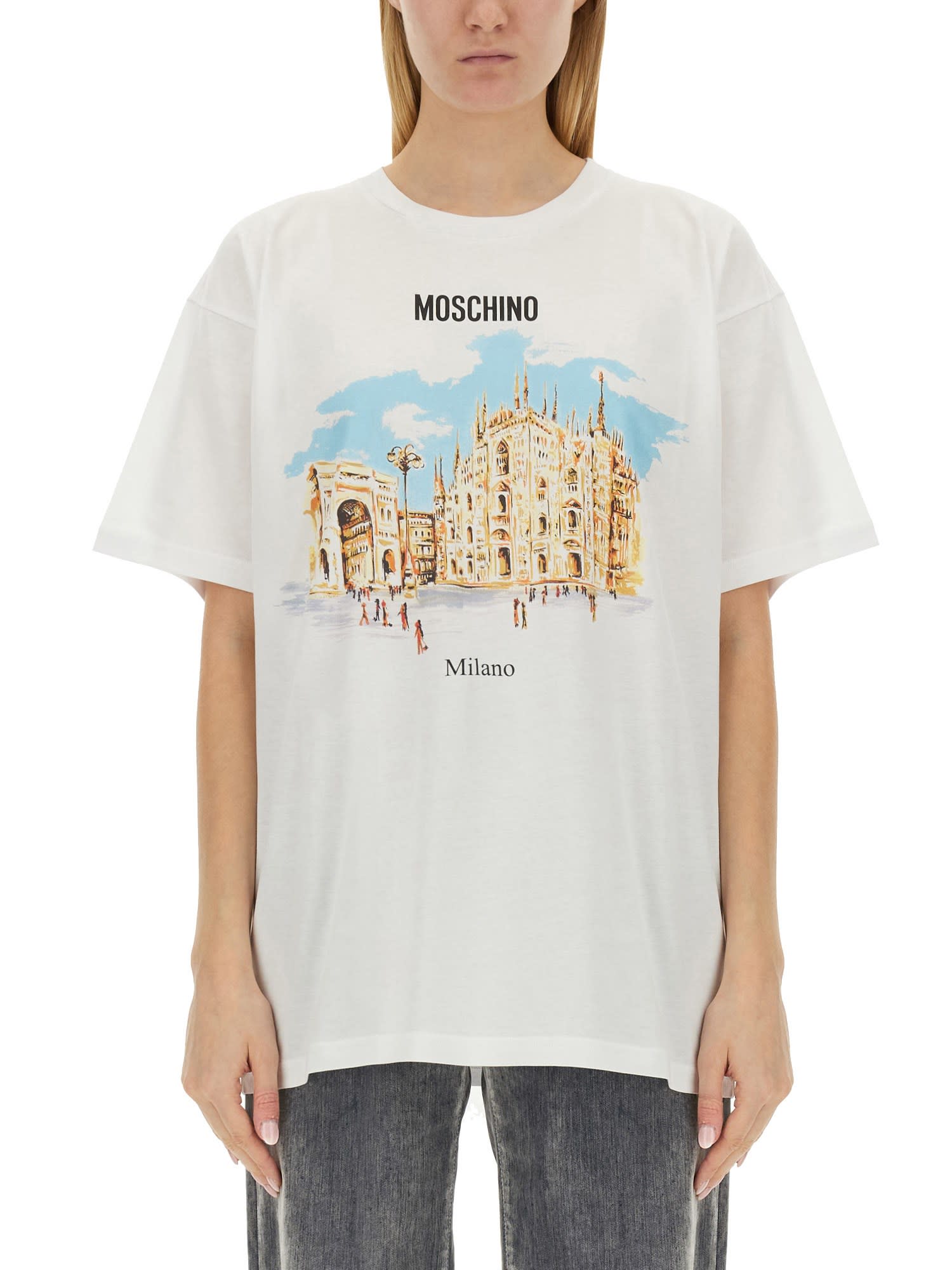 Moschino Illustration-print Organic Cotton T-shirt In Bianco