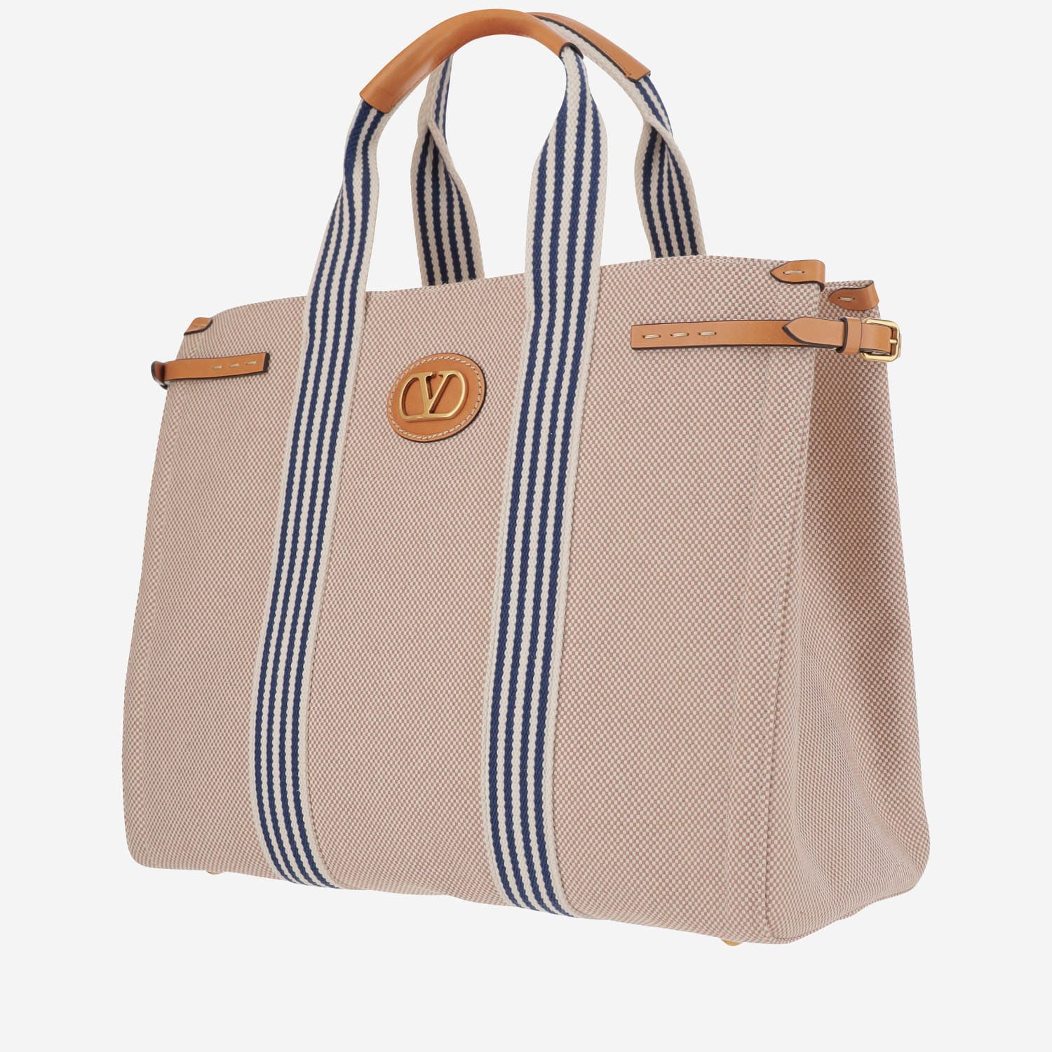 Valentino Cotton Tote Bag In Naturale/tobacco/bianco/blue/natural Cam