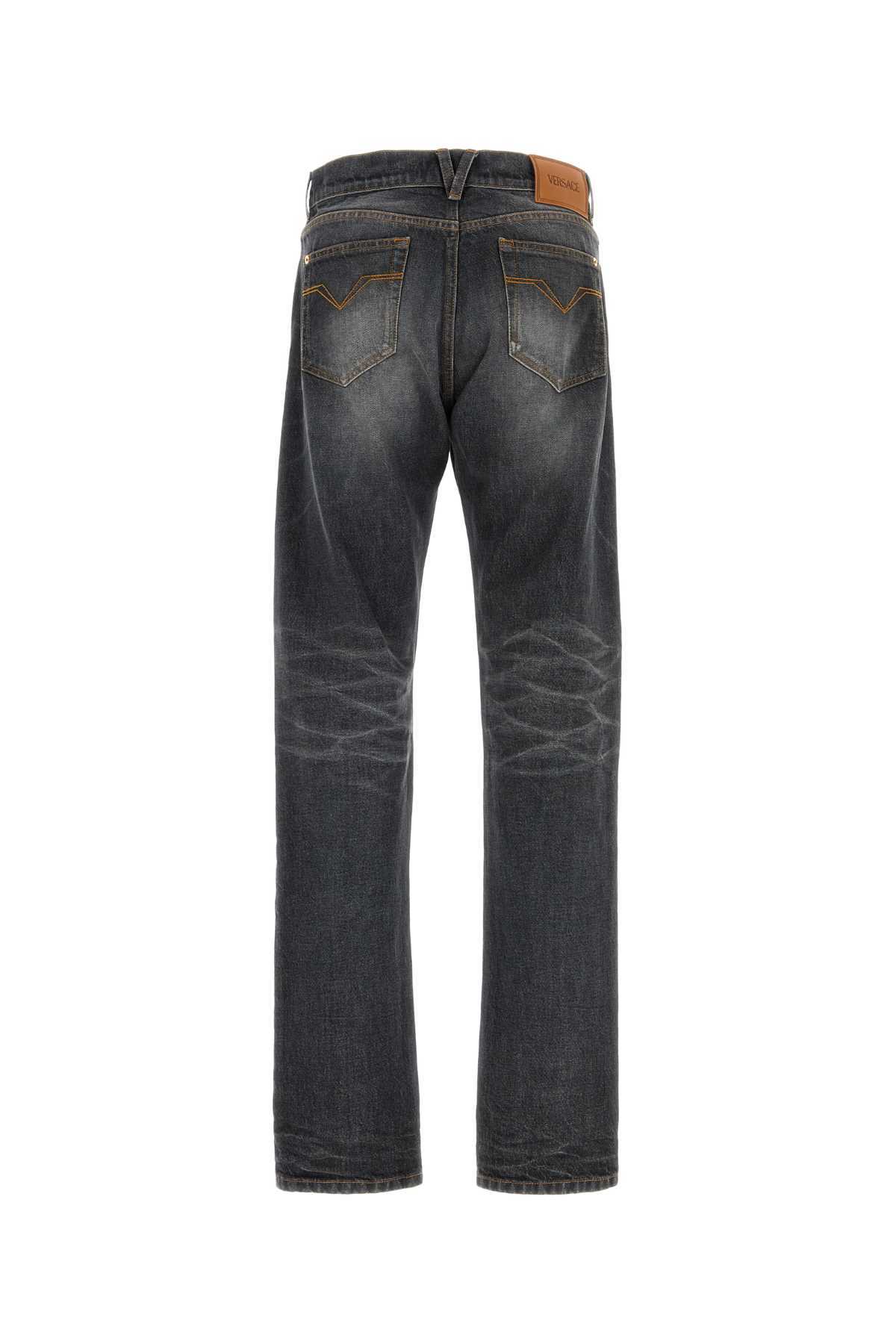 Versace Denim Jeans With Faded Effect And Contrast Stitching In Black