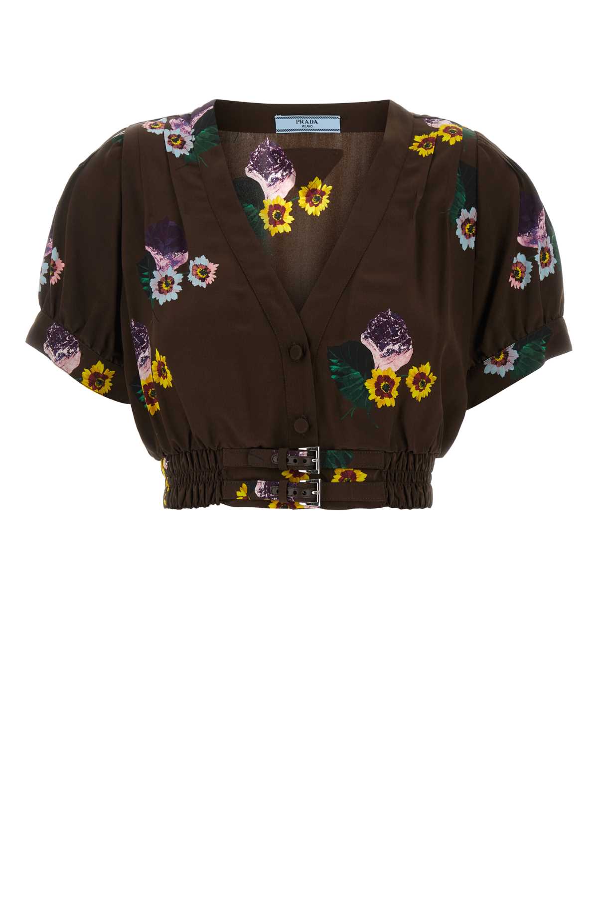 Prada Dark Brown Floral Print Crop Top In Cacao