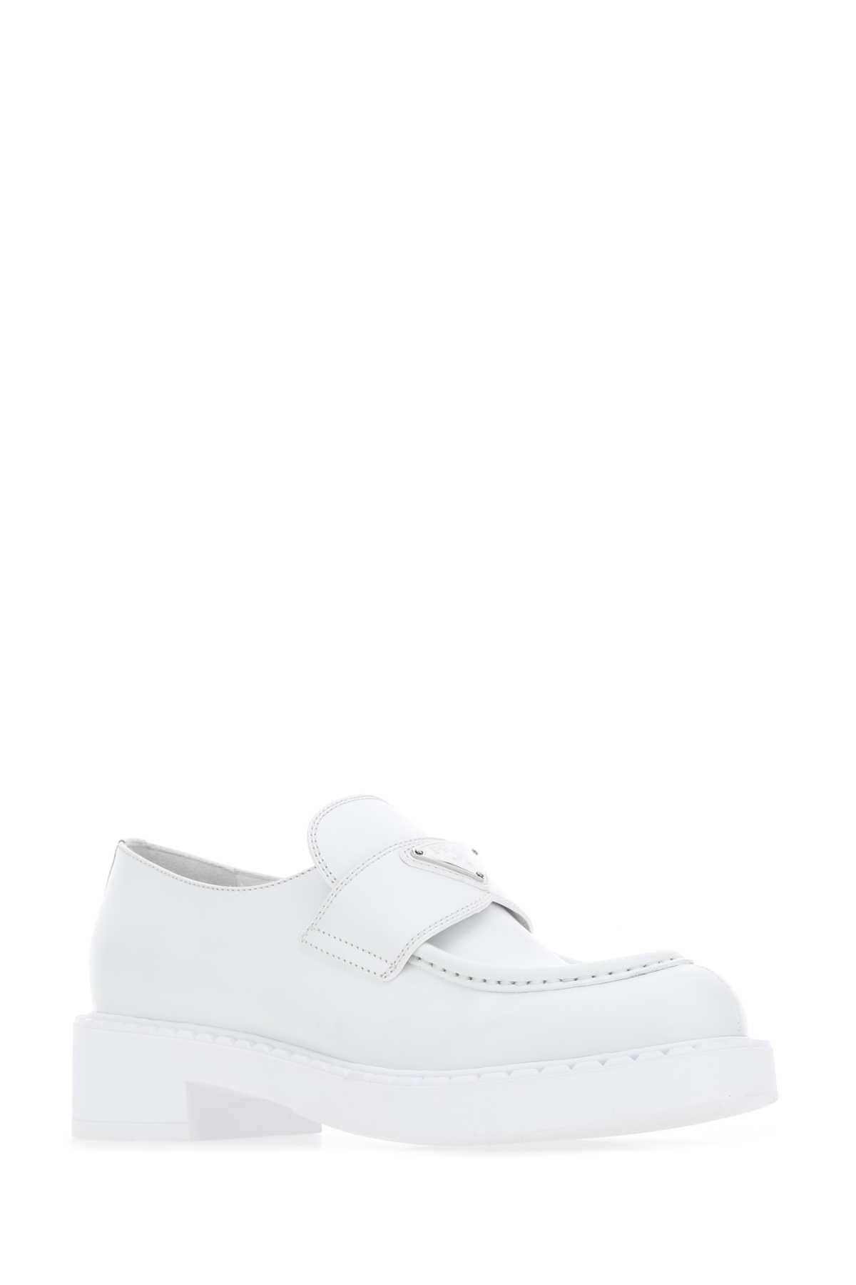 Shop Prada White Leather Loafers In Bianco
