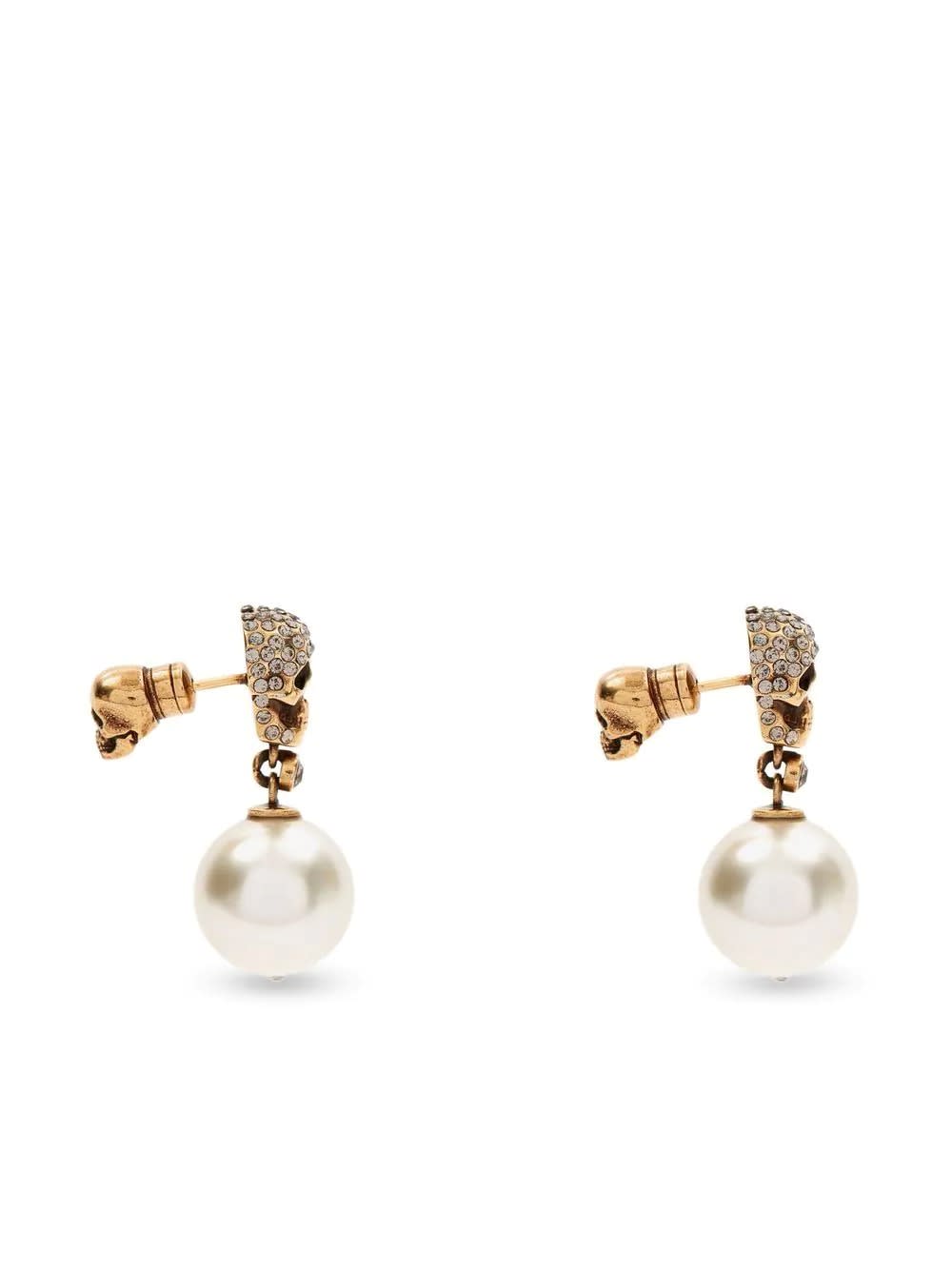Shop Alexander Mcqueen Pearl Skull Earrings In Antiqued Gold