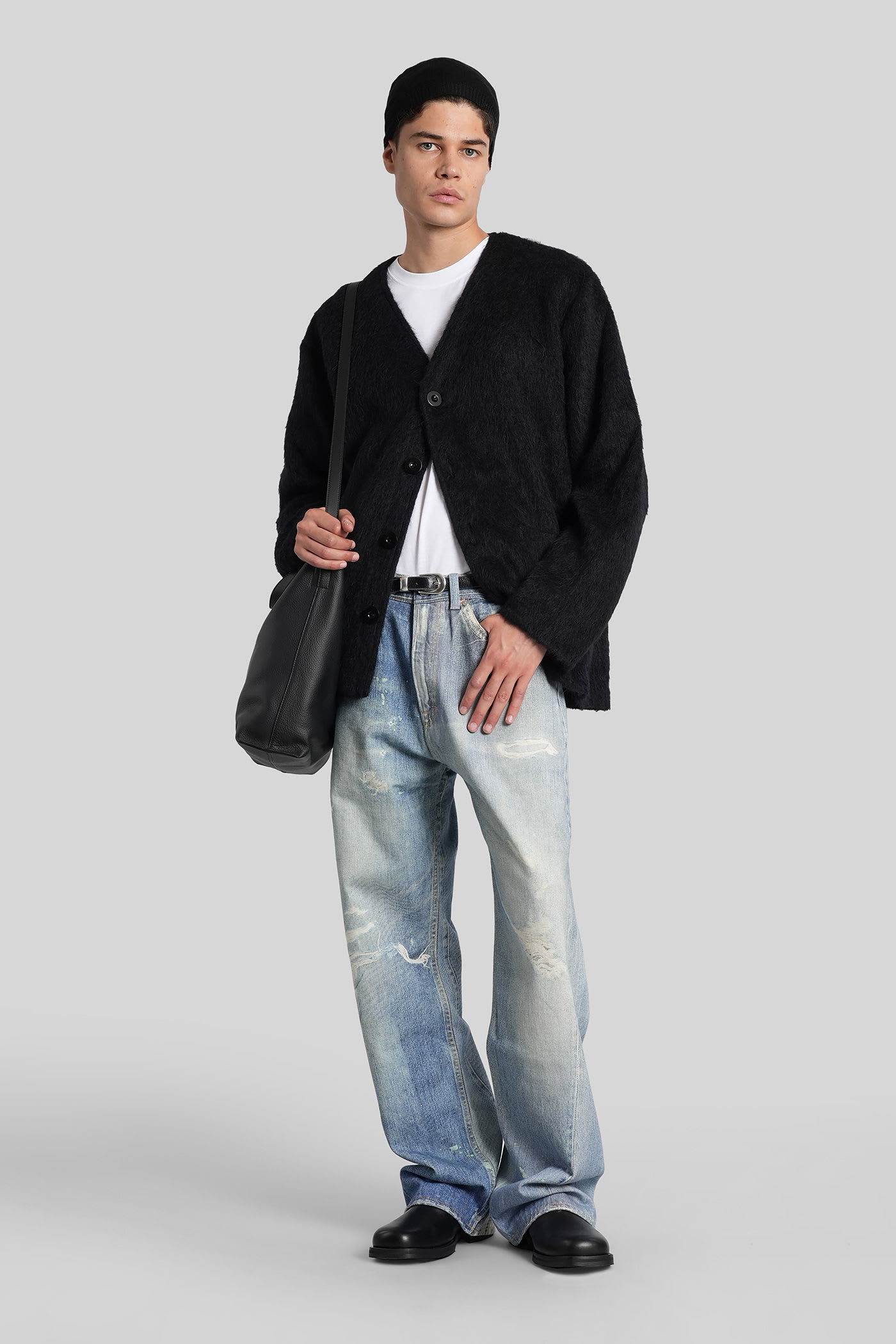Our Legacy Textured V-neck Cardigan With Button-down Front In Black