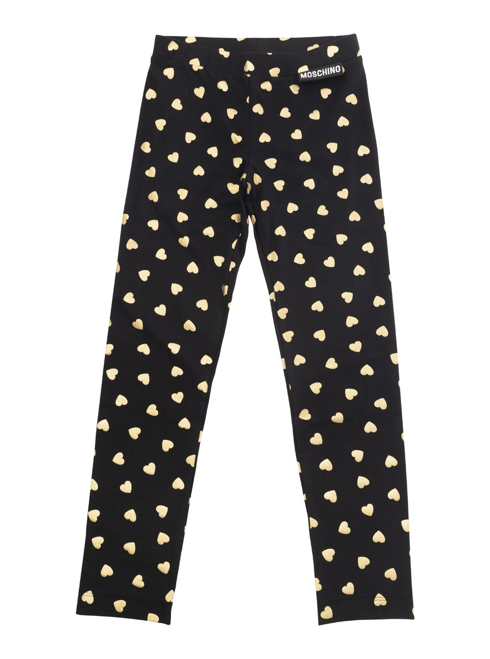 Shop Moschino Black Leggings With All-over Heart Print In Stretch Cotton Girl In Nero E Oro