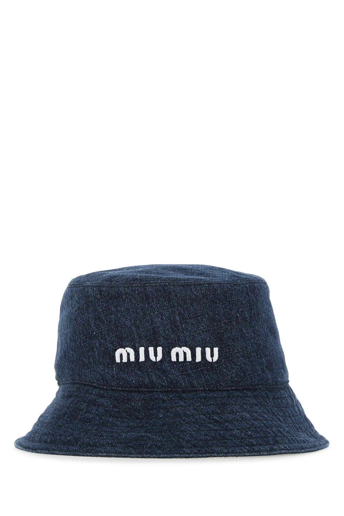 Miu Miu Denim Logo Bucket Hat In Blu+bianco | ModeSens