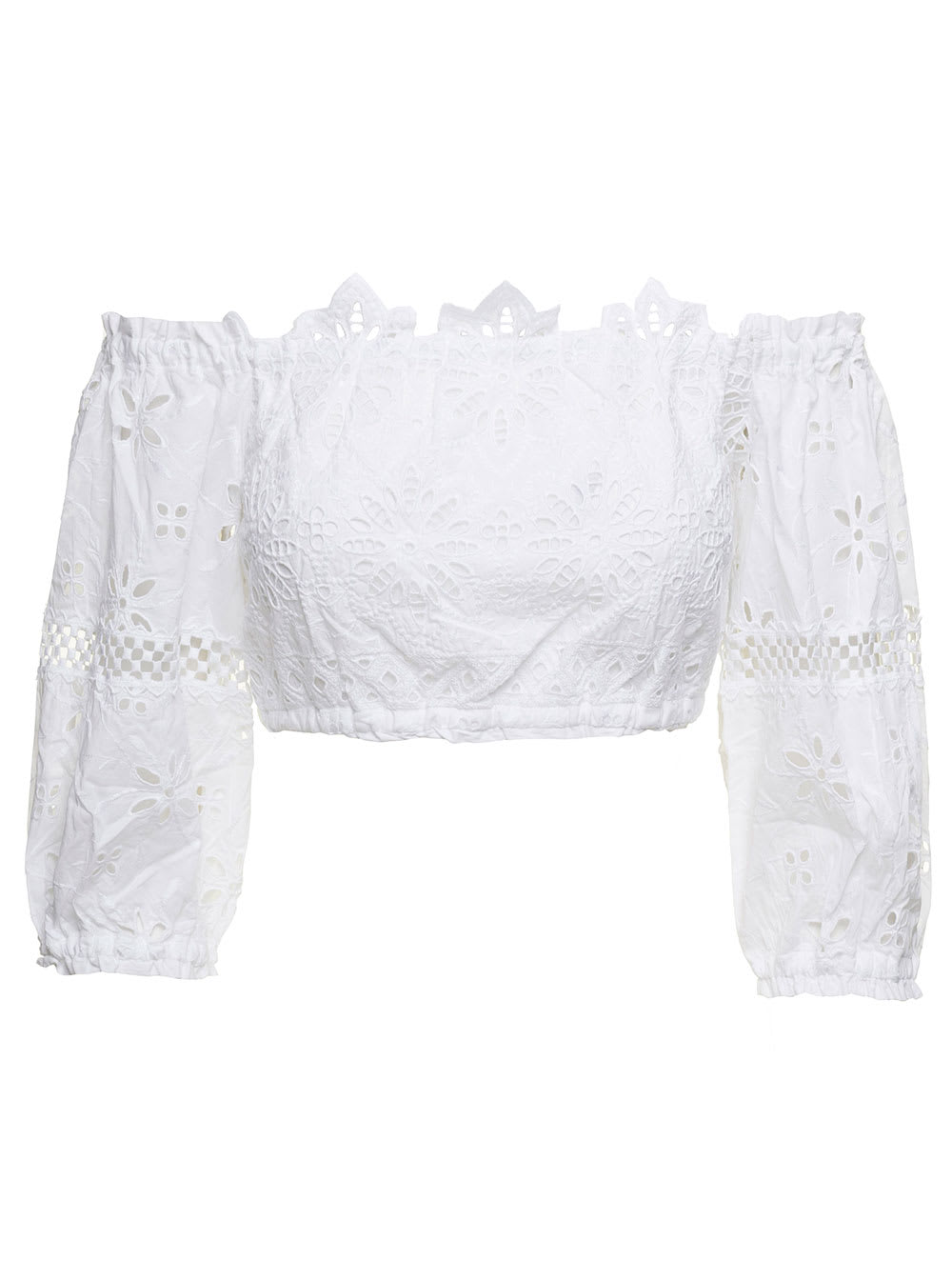 TEMPTATION POSITANO EMBROIDERED OFF-SHOULDER CROPPED TOP IN WHITE COTTON WOMAN