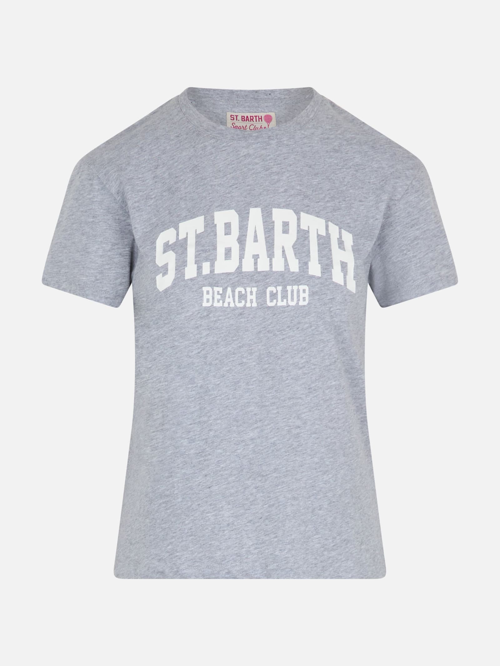 Mc2 Saint Barth Woman Cotton Jersey Crewneck T-shirt Emilie With Saint Barth Beach Club Print In Grey