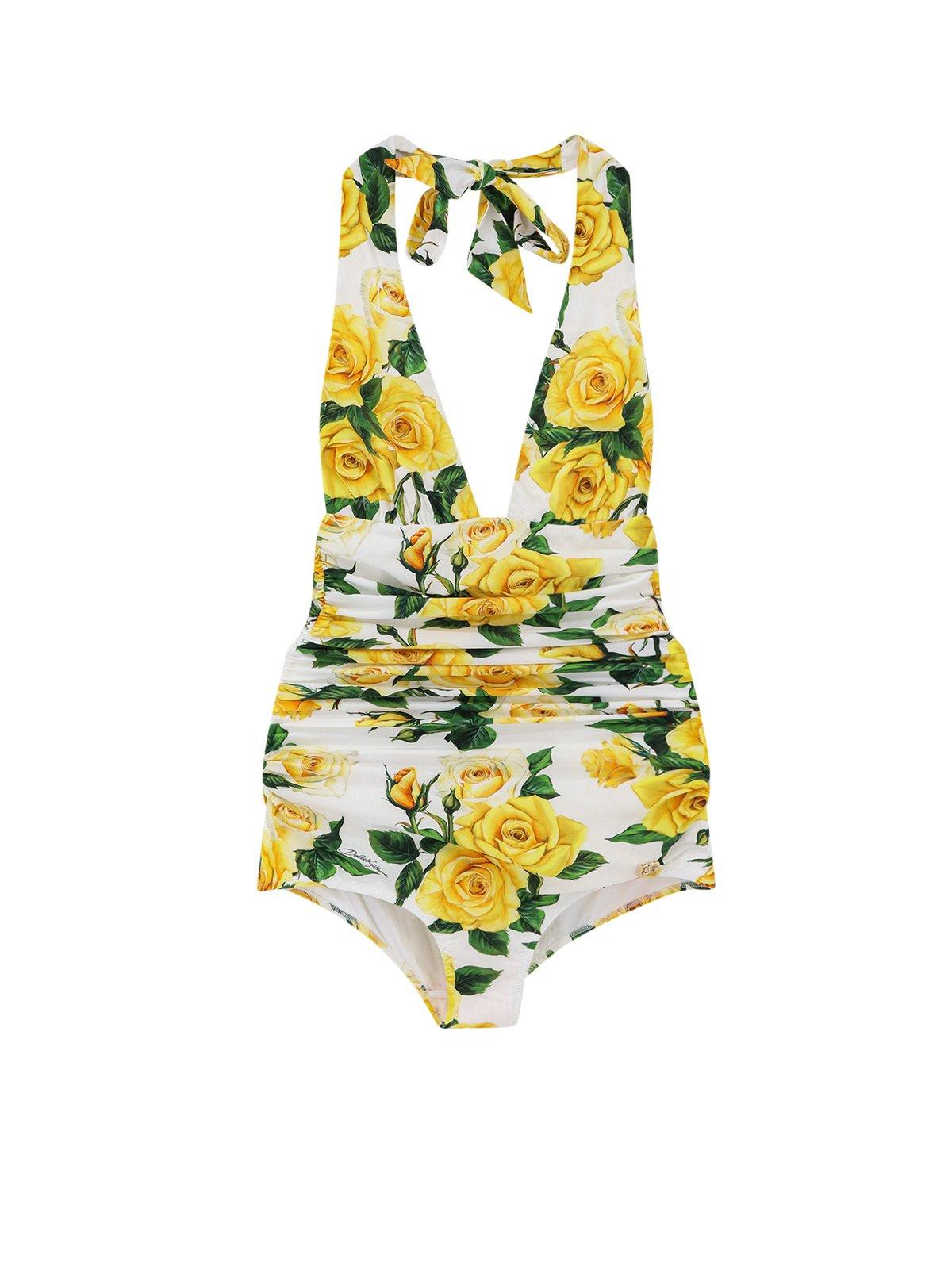 Shop Dolce & Gabbana Floral Printed One-piece Swimsuit In White