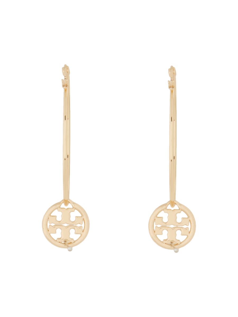 Shop Tory Burch Logo Pendant Hoop Earrings In Gold