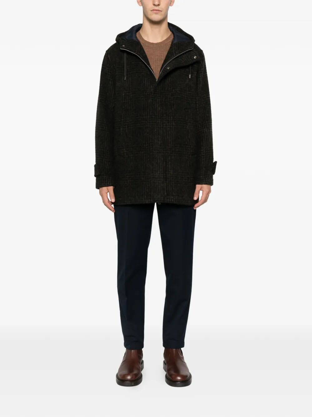 Herno Hooded-check Coat In Black