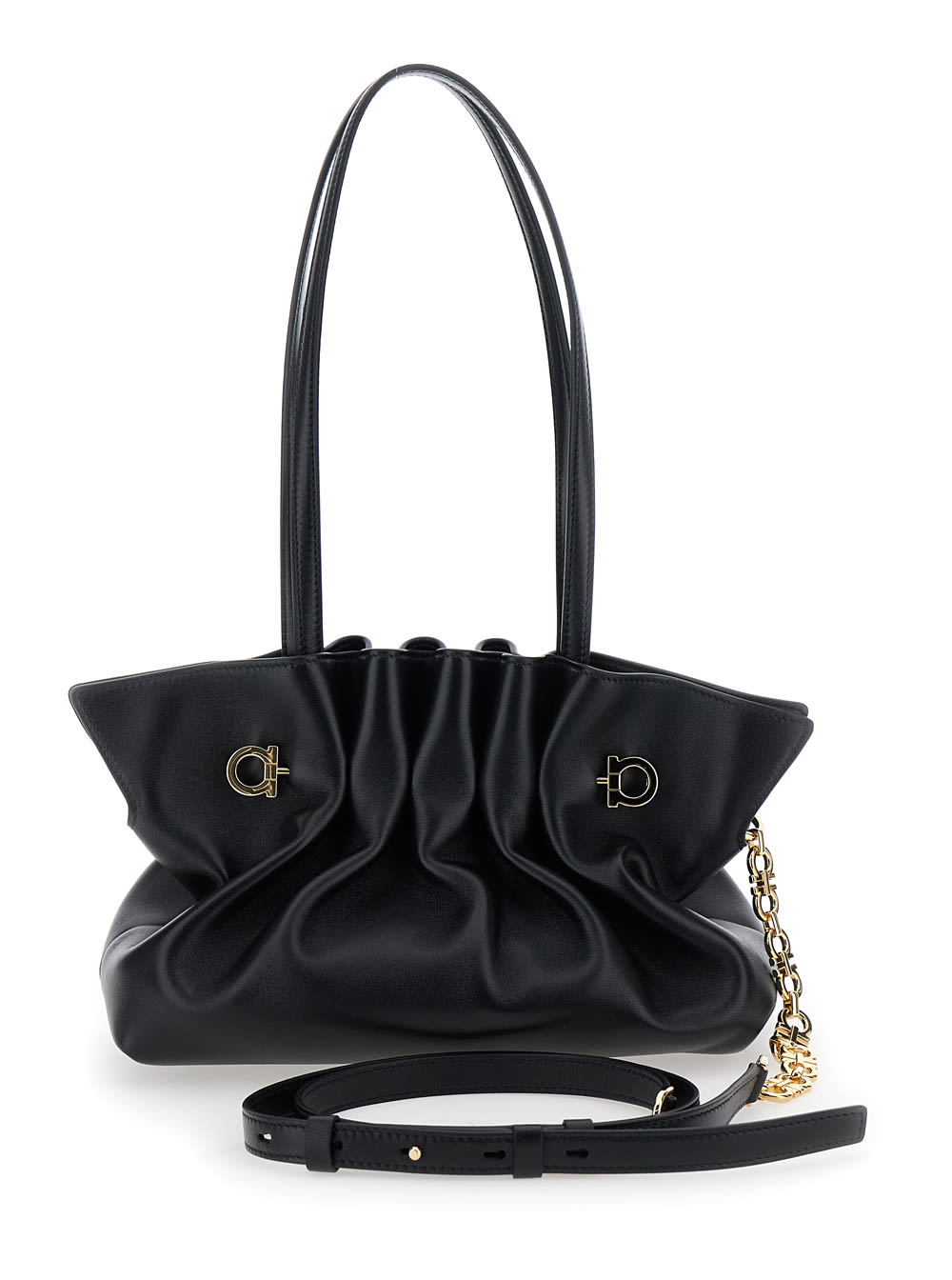 Ferragamo Women Black Crossbody Bag With Embossed Logo Lettering On The Front And Gancini In Leather In Black