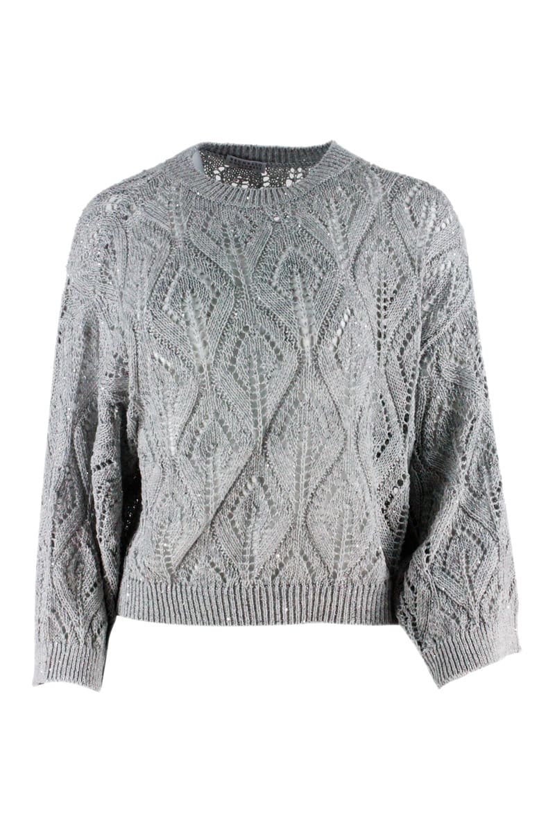 Brunello Cucinelli Crewneck Sweater With Sequins In Linen And Cotton For A Three-dimensional And Shiny Effect