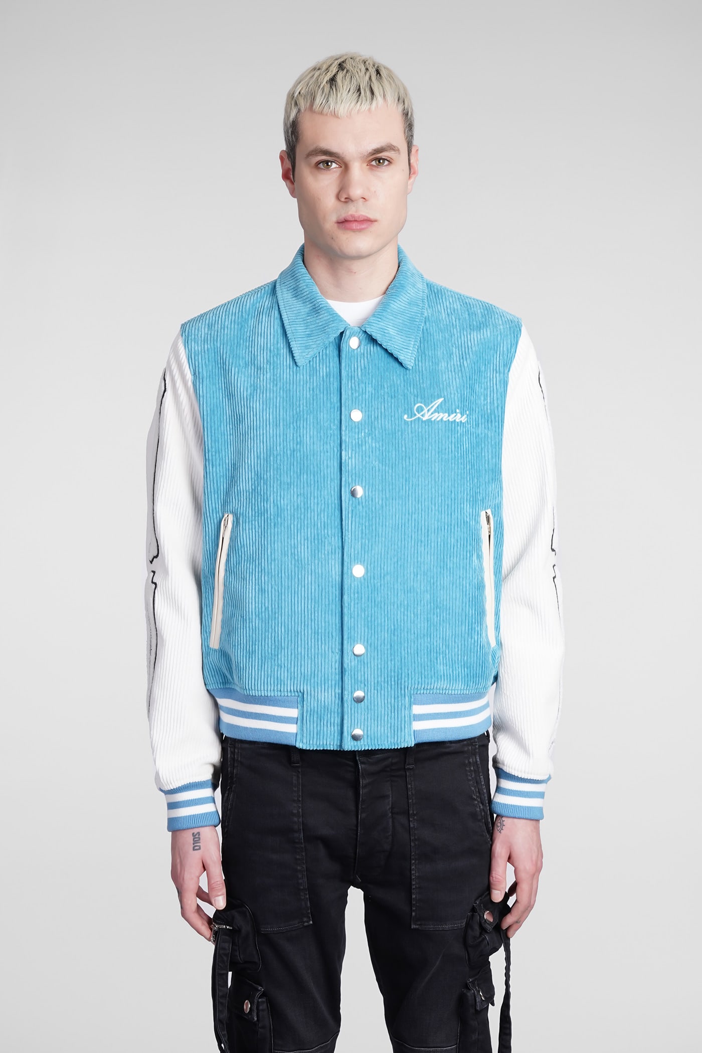 Satin Trimmed Denim Jacket in Blue - Amiri