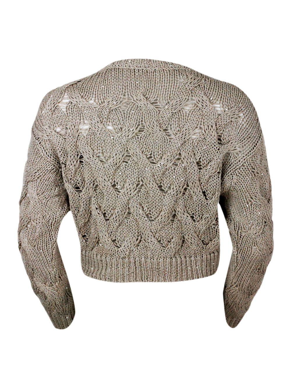Shop Antonelli Long-sleeved Crew-neck Sweater With Braided Workmanship Embellished With Microsequins In Beige