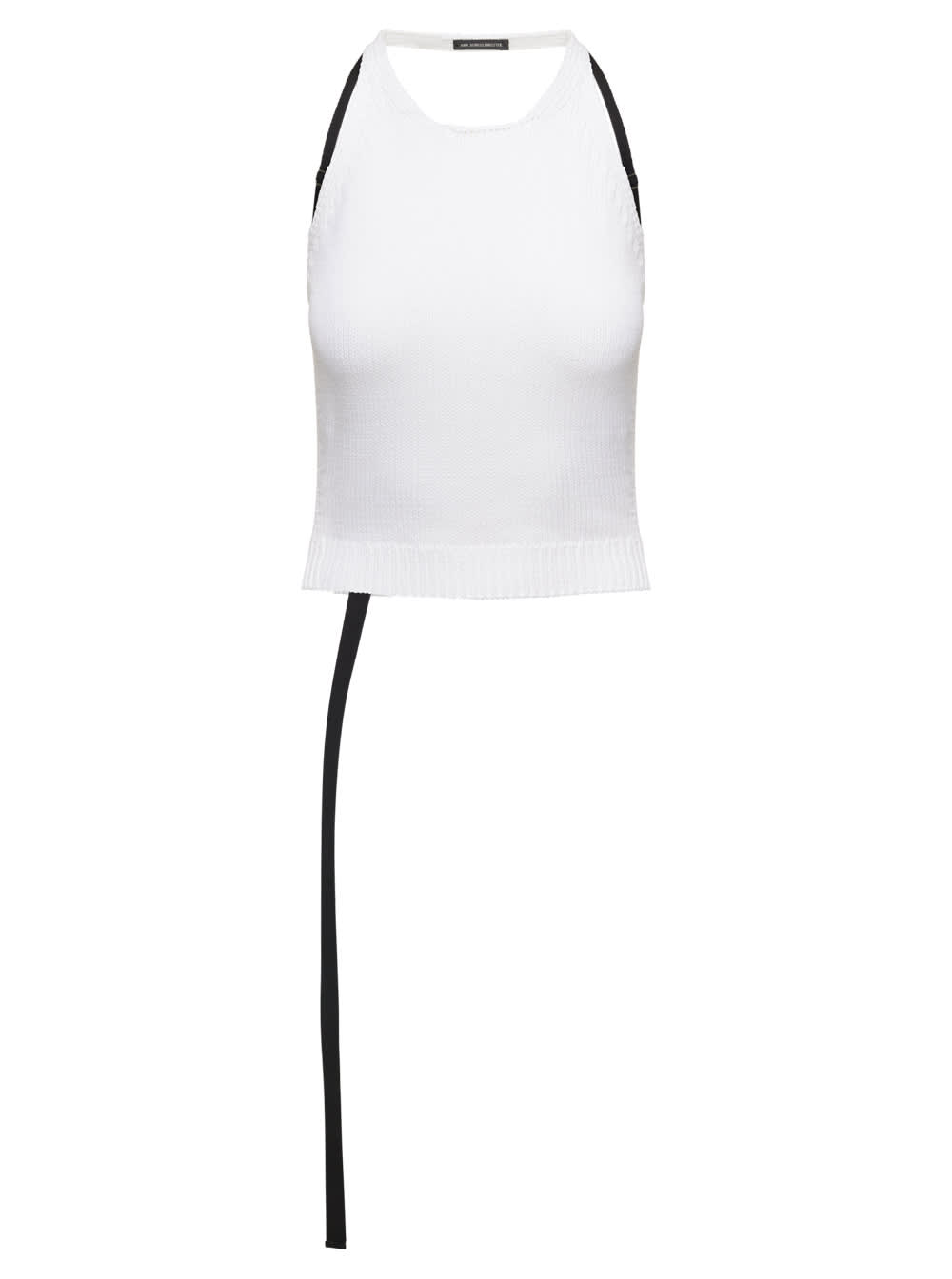 Shop Ann Demeulemeester Puro White Knitted Crop Top With Open Back And Ribbon Detail In Cotton Woman